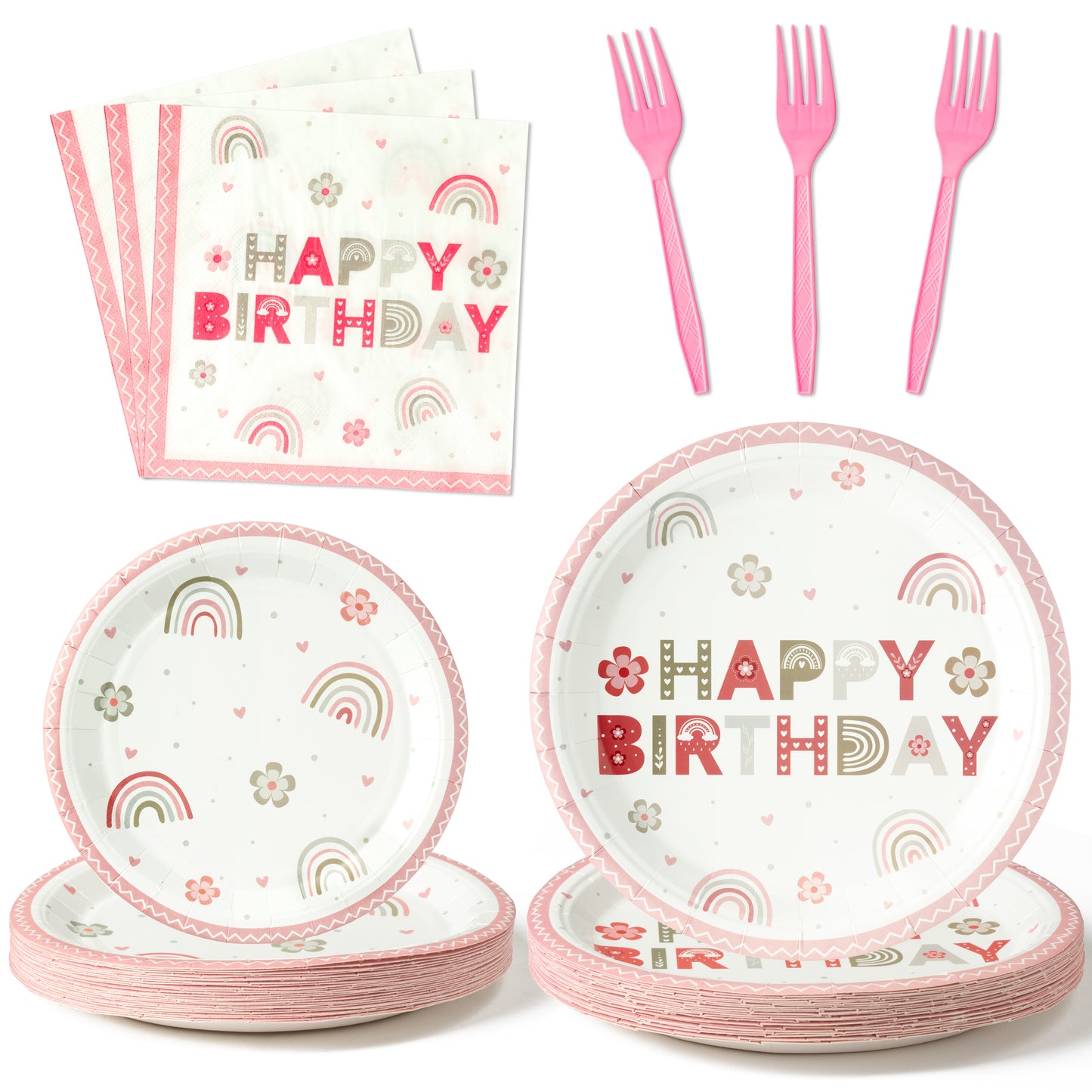 G1ngtar 96Pcs Pink Boho Rainbow Party Plates Supplies - Happy Birthday Bohemian Party Tableware Decorations Flower Heart Disposable Paper Plates Napkins Forks for Kids Birthday Baby Shower, Serves 24