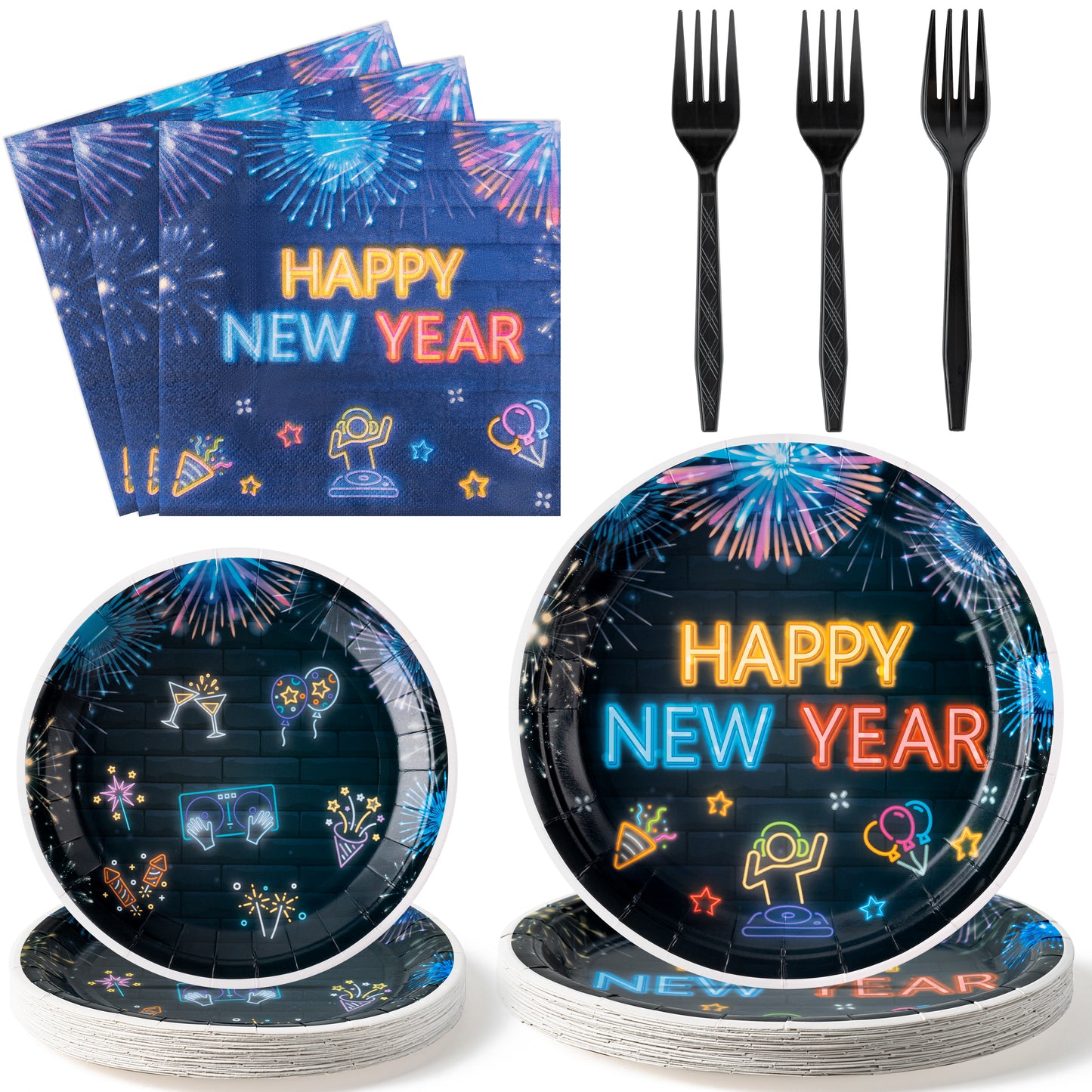 G1ngtar 96Pcs Neon New Year Eve Party Plates Supplies - 2025 Happy New Year Party Tableware Decorations Glow In The Dark Disposable Paper Plates Napkins Forks for Kids and Adults, Serves 24