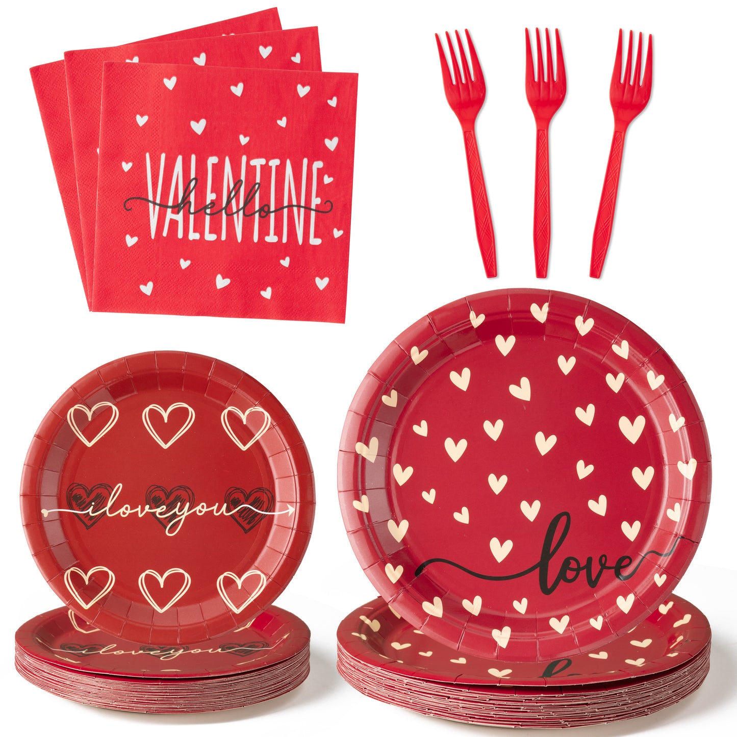 G1ngtar 96Pcs Valentine’s Day Heart Party Plates Supplies - Love Heart Party Tableware Decoration Red Heart Disposable Paper Plates Napkins Forks for Valentines Day Birthday Wedding, Serves 24