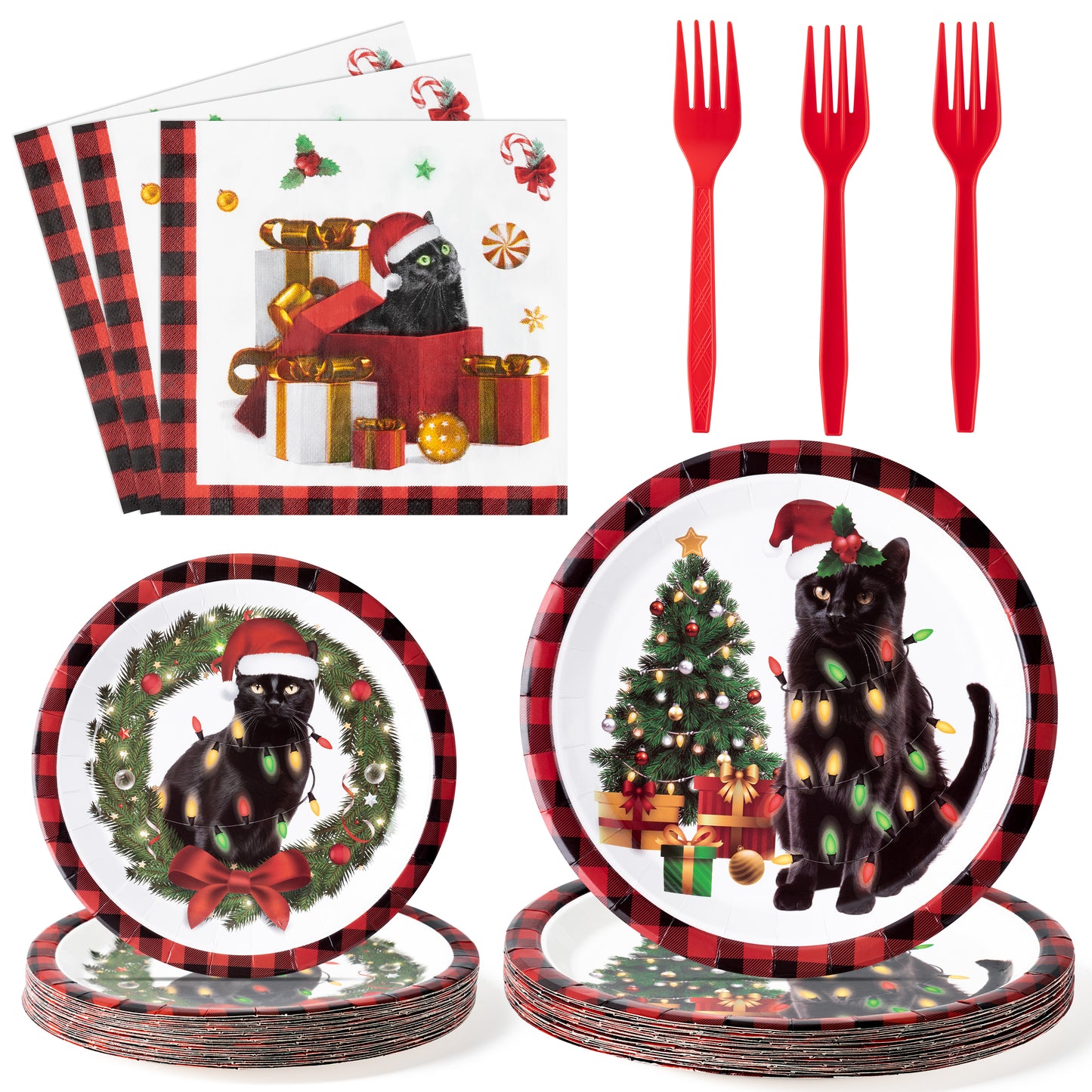 G1ngtar 96Pcs Christmas Cat Party Plate Supplies - Xmas Tree Wreath Kitten Party Tableware Decoration Buffalo Plaid Disposable Paper Plate Napkin Fork for Kid Winter Holiday Birthday, Serves 24 Guests