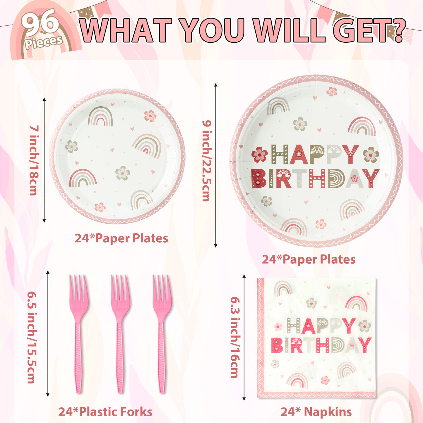 G1ngtar 96Pcs Pink Boho Rainbow Party Plates Supplies - Happy Birthday Bohemian Party Tableware Decorations Flower Heart Disposable Paper Plates Napkins Forks for Kids Birthday Baby Shower, Serves 24