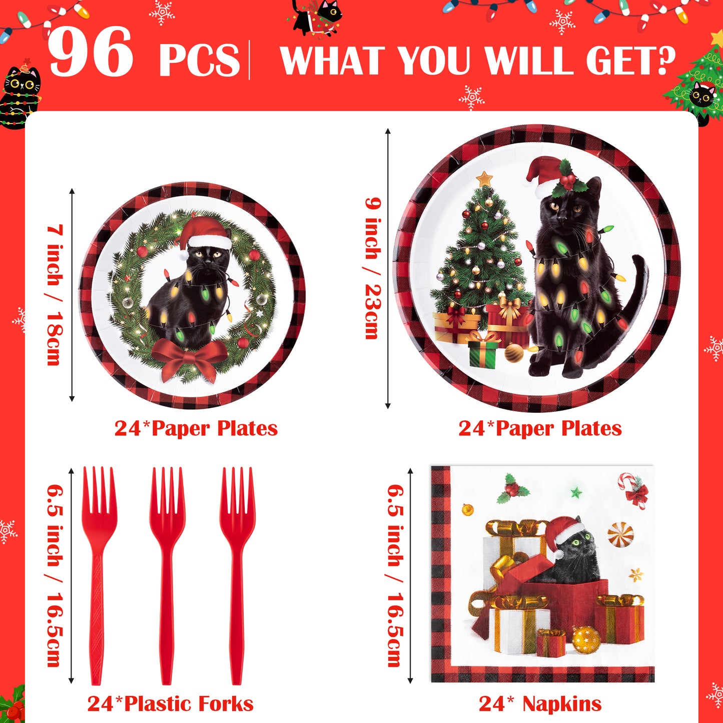 G1ngtar 96Pcs Christmas Cat Party Plate Supplies - Xmas Tree Wreath Kitten Party Tableware Decoration Buffalo Plaid Disposable Paper Plate Napkin Fork for Kid Winter Holiday Birthday, Serves 24 Guests