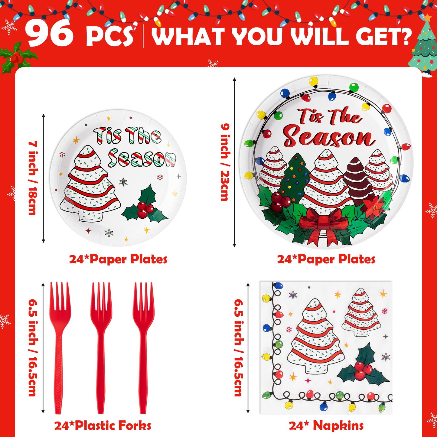 G1ngtar 96Pcs Christmas Tree Cake Party Plate Supplies - Snack Cake Xmas Tree Party Tableware Decoration Cute Tis The Season Disposable Paper Plate Napkin Fork for Winter Holiday Birthday, Serves 24