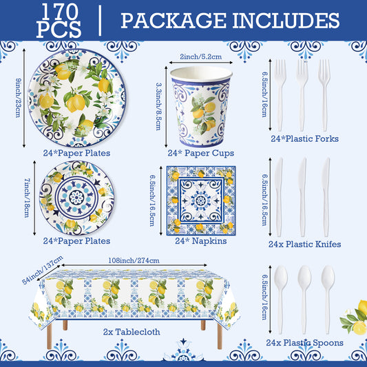 capri lemon party supplies set blue tiles floral yellow citrus fruit tableware dinner dessert dinnerware paper plates plastic fork knife spoon napkin cup tablecloth table decoration for spring summer baby shower wedding birthday party serves 24 guests
