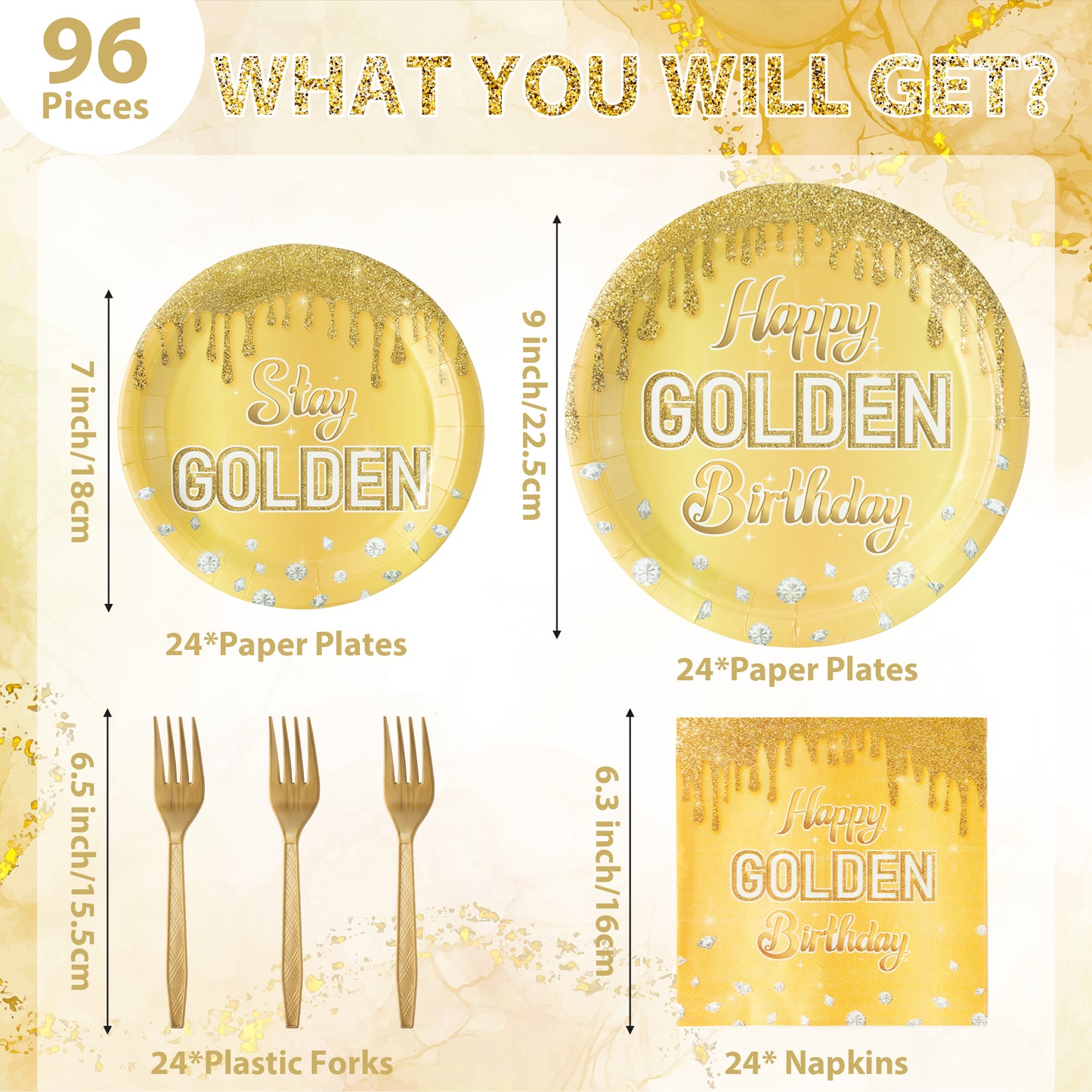 G1ngtar 96Pcs Happy Golden Birthday Party Plates Supplies - Gold Glitter Party Tableware Decorations Golden Diamond Disposable Paper Plates Napkins Forks for Women Men Birthday Anniversary, Serves 24