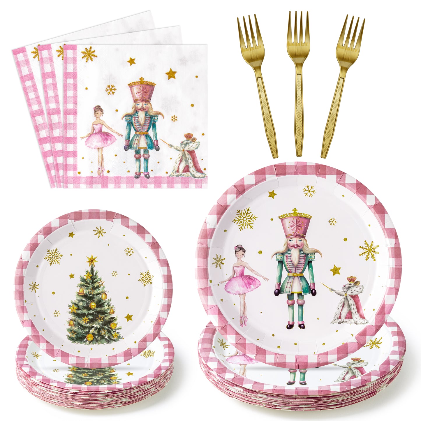 G1ngtar 96Pcs Christmas Nutcracker Party Plate Supplies - Xmas Tree Ballet King Soldier Party Tableware Decoration Disposable Paper Plate Napkin Fork for Kid Winter Holiday Birthday, Serves 24 Guests