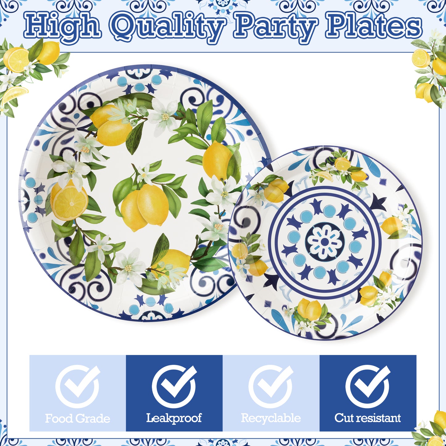capri lemon party supplies set blue tiles floral yellow citrus fruit tableware dinner dessert dinnerware paper plates plastic fork knife spoon napkin cup tablecloth table decoration for spring summer baby shower wedding birthday party serves 24 guests