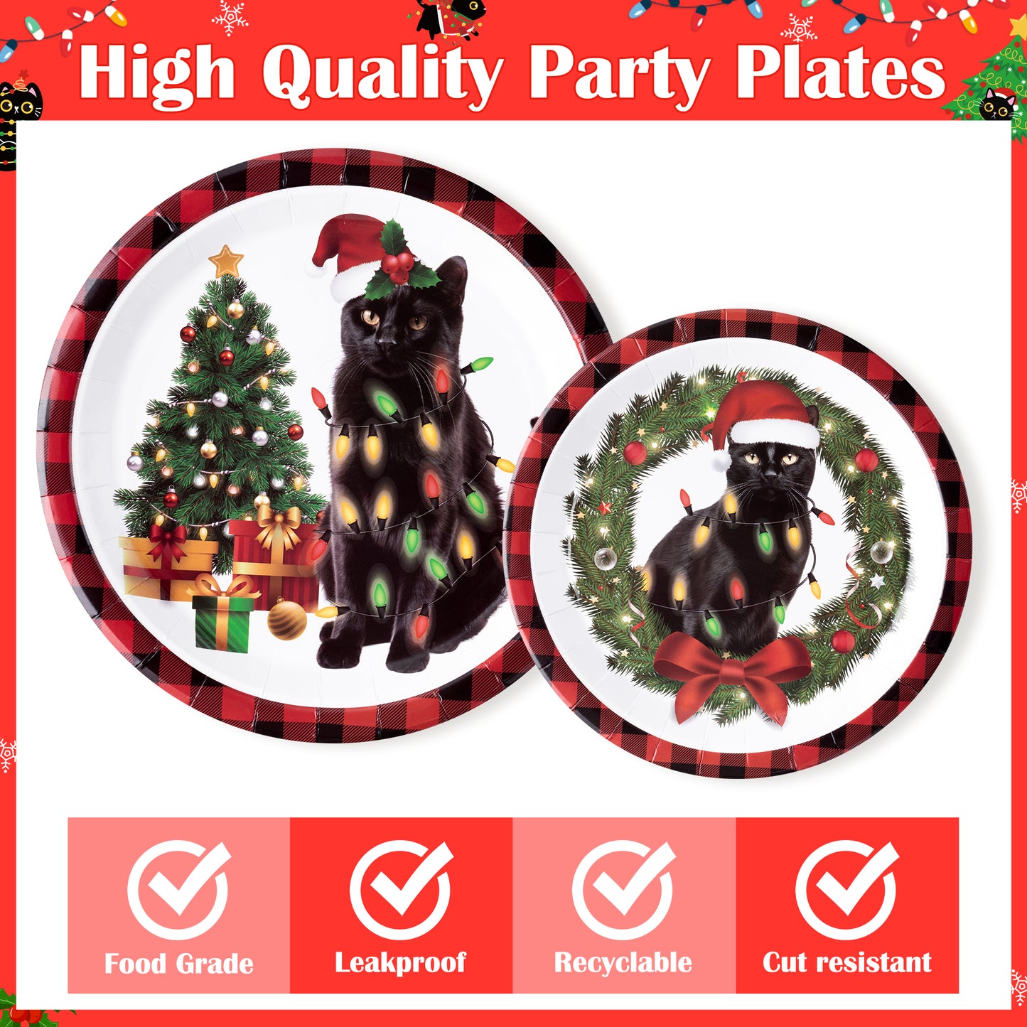 G1ngtar 96Pcs Christmas Cat Party Plate Supplies - Xmas Tree Wreath Kitten Party Tableware Decoration Buffalo Plaid Disposable Paper Plate Napkin Fork for Kid Winter Holiday Birthday, Serves 24 Guests
