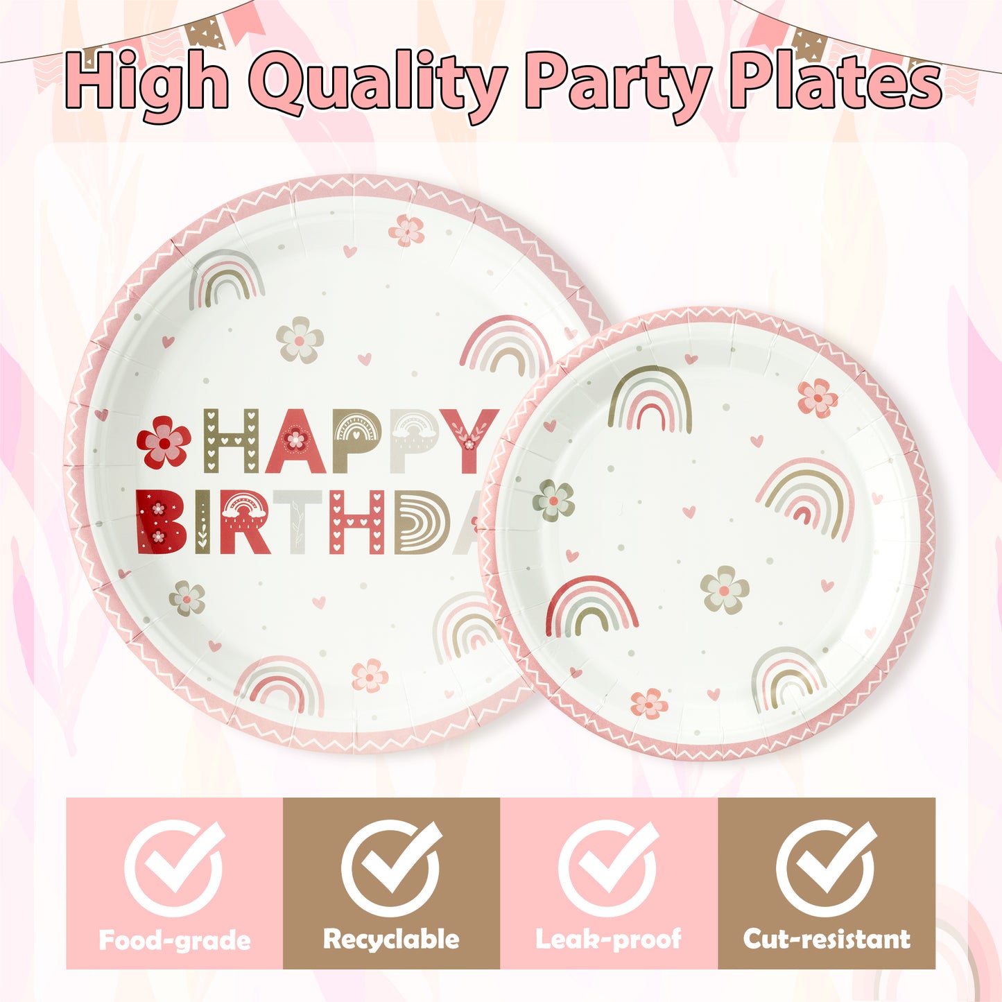 G1ngtar 96Pcs Pink Boho Rainbow Party Plates Supplies - Happy Birthday Bohemian Party Tableware Decorations Flower Heart Disposable Paper Plates Napkins Forks for Kids Birthday Baby Shower, Serves 24