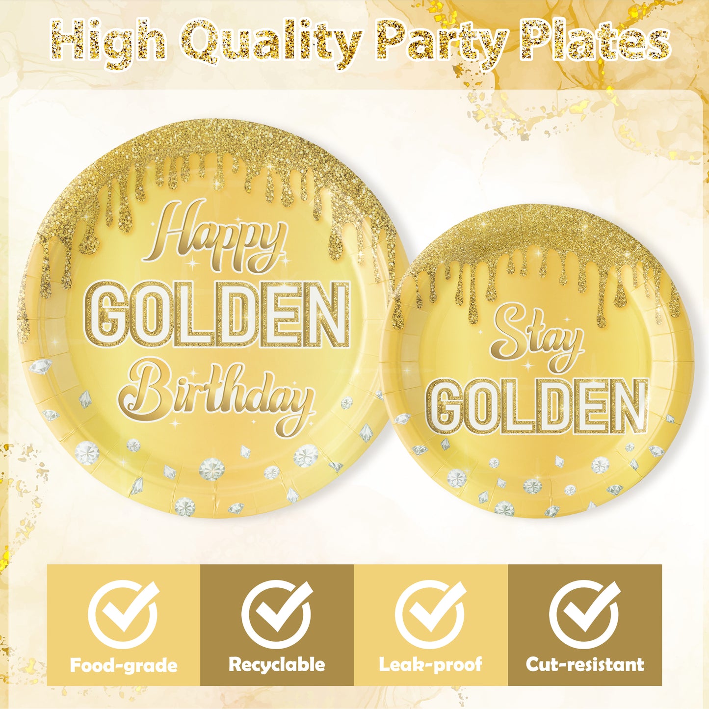 G1ngtar 96Pcs Happy Golden Birthday Party Plates Supplies - Gold Glitter Party Tableware Decorations Golden Diamond Disposable Paper Plates Napkins Forks for Women Men Birthday Anniversary, Serves 24