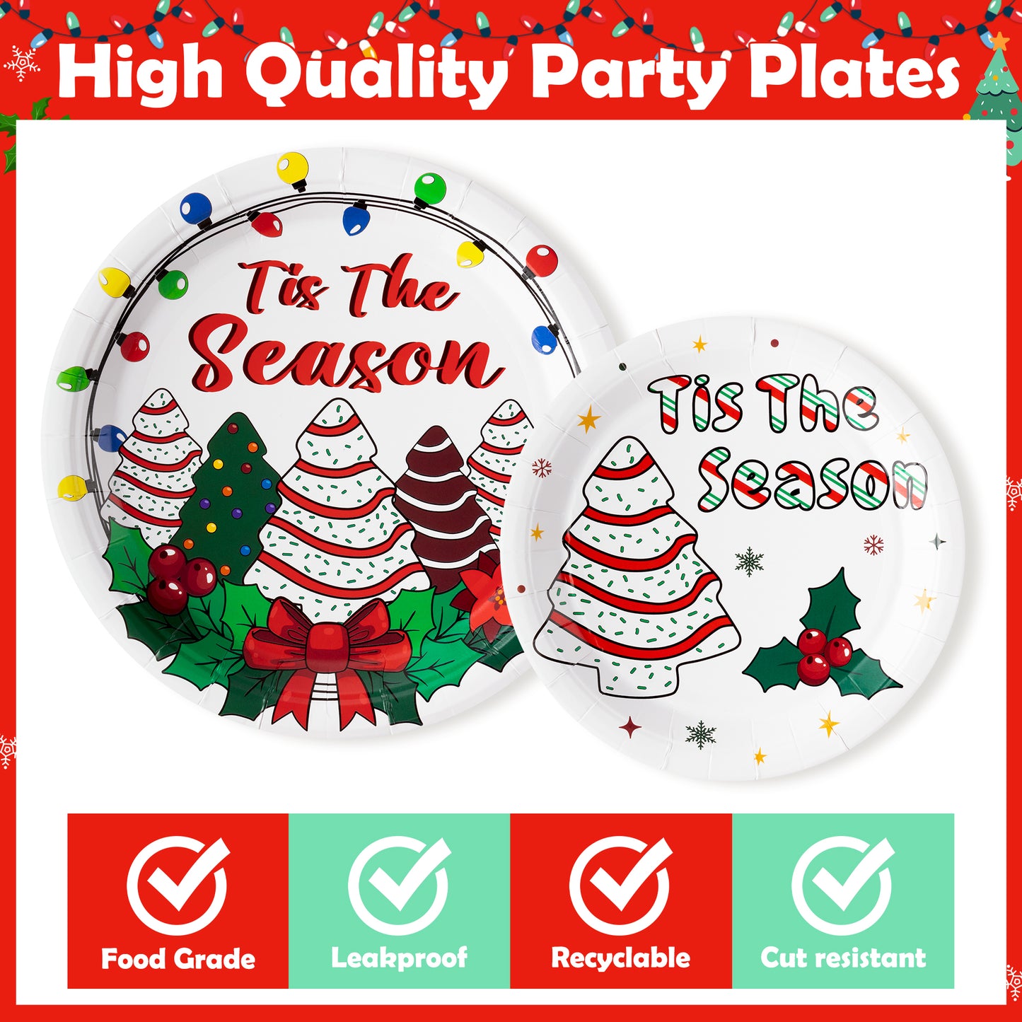 G1ngtar 96Pcs Christmas Tree Cake Party Plate Supplies - Snack Cake Xmas Tree Party Tableware Decoration Cute Tis The Season Disposable Paper Plate Napkin Fork for Winter Holiday Birthday, Serves 24