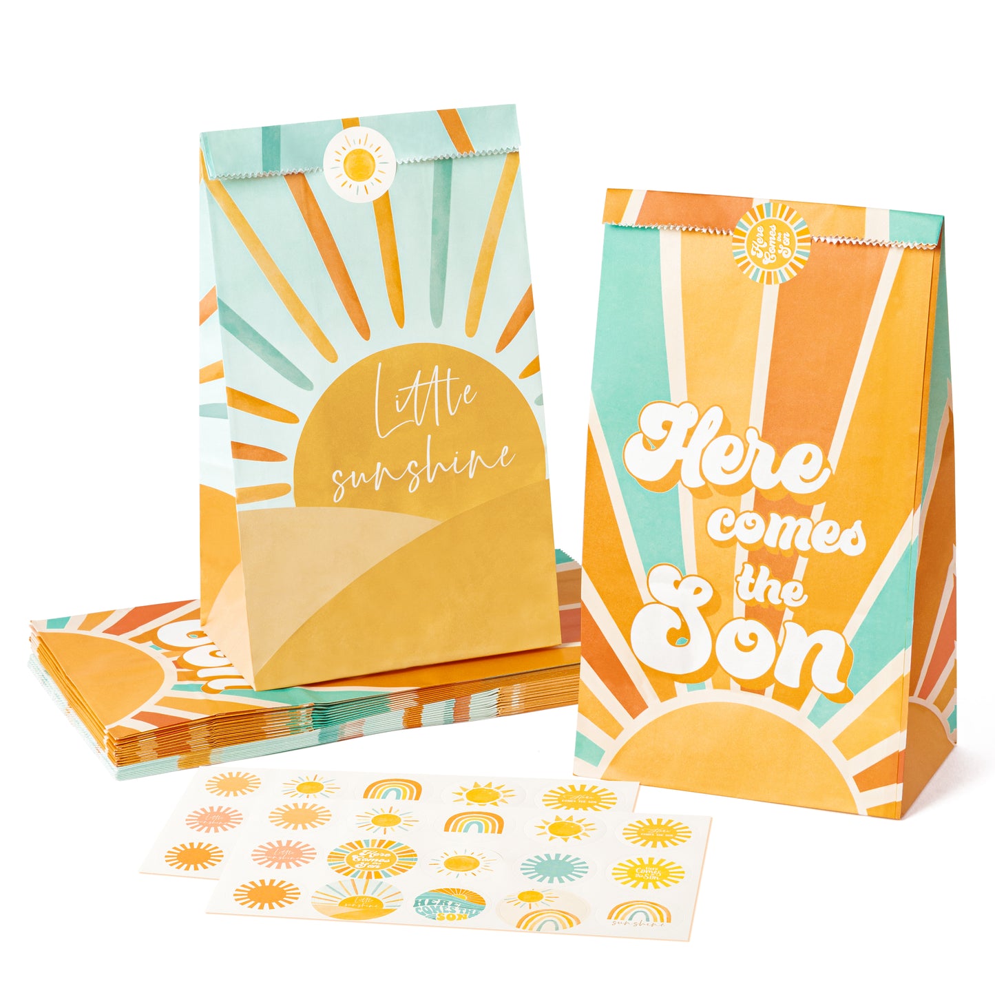G1ngtar 24Pcs Here Comes the Son Party Favor Bags with Stickers, Retro Hippie Bohemian Muted Sunrise Goodies Bags First Trip Around the Sun You Are My Sunshine Birthday Party Decoration Supplies