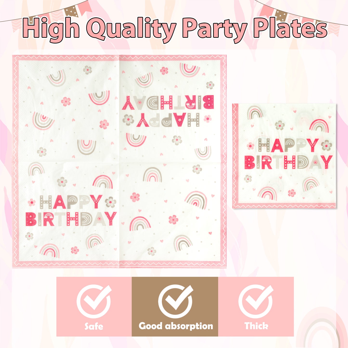 G1ngtar 96Pcs Pink Boho Rainbow Party Plates Supplies - Happy Birthday Bohemian Party Tableware Decorations Flower Heart Disposable Paper Plates Napkins Forks for Kids Birthday Baby Shower, Serves 24