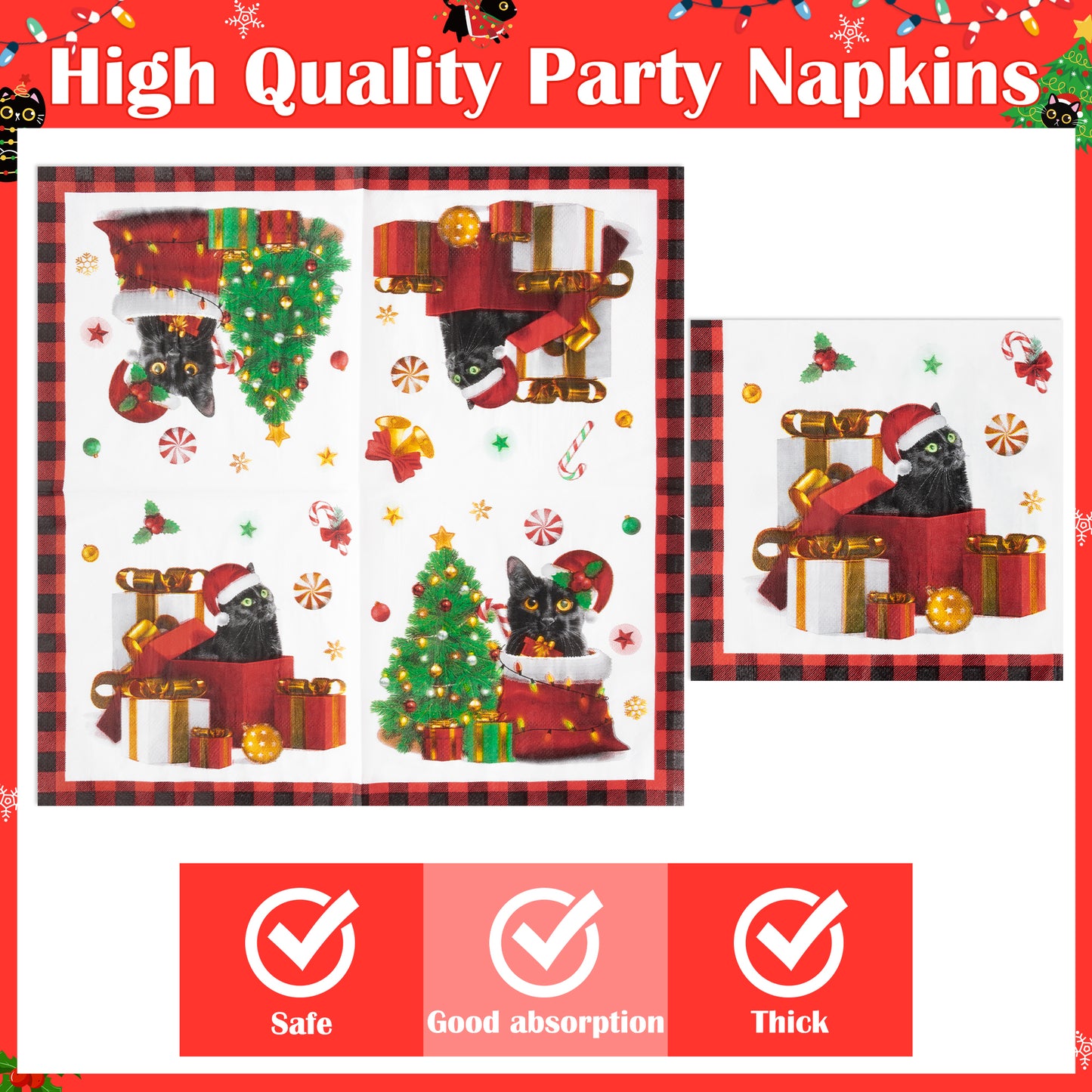 G1ngtar 96Pcs Christmas Cat Party Plate Supplies - Xmas Tree Wreath Kitten Party Tableware Decoration Buffalo Plaid Disposable Paper Plate Napkin Fork for Kid Winter Holiday Birthday, Serves 24 Guests