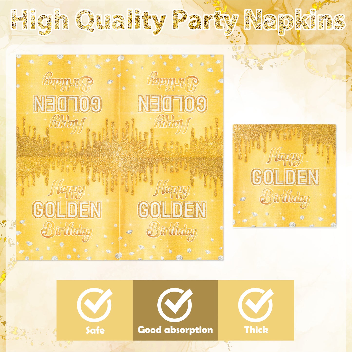 G1ngtar 96Pcs Happy Golden Birthday Party Plates Supplies - Gold Glitter Party Tableware Decorations Golden Diamond Disposable Paper Plates Napkins Forks for Women Men Birthday Anniversary, Serves 24