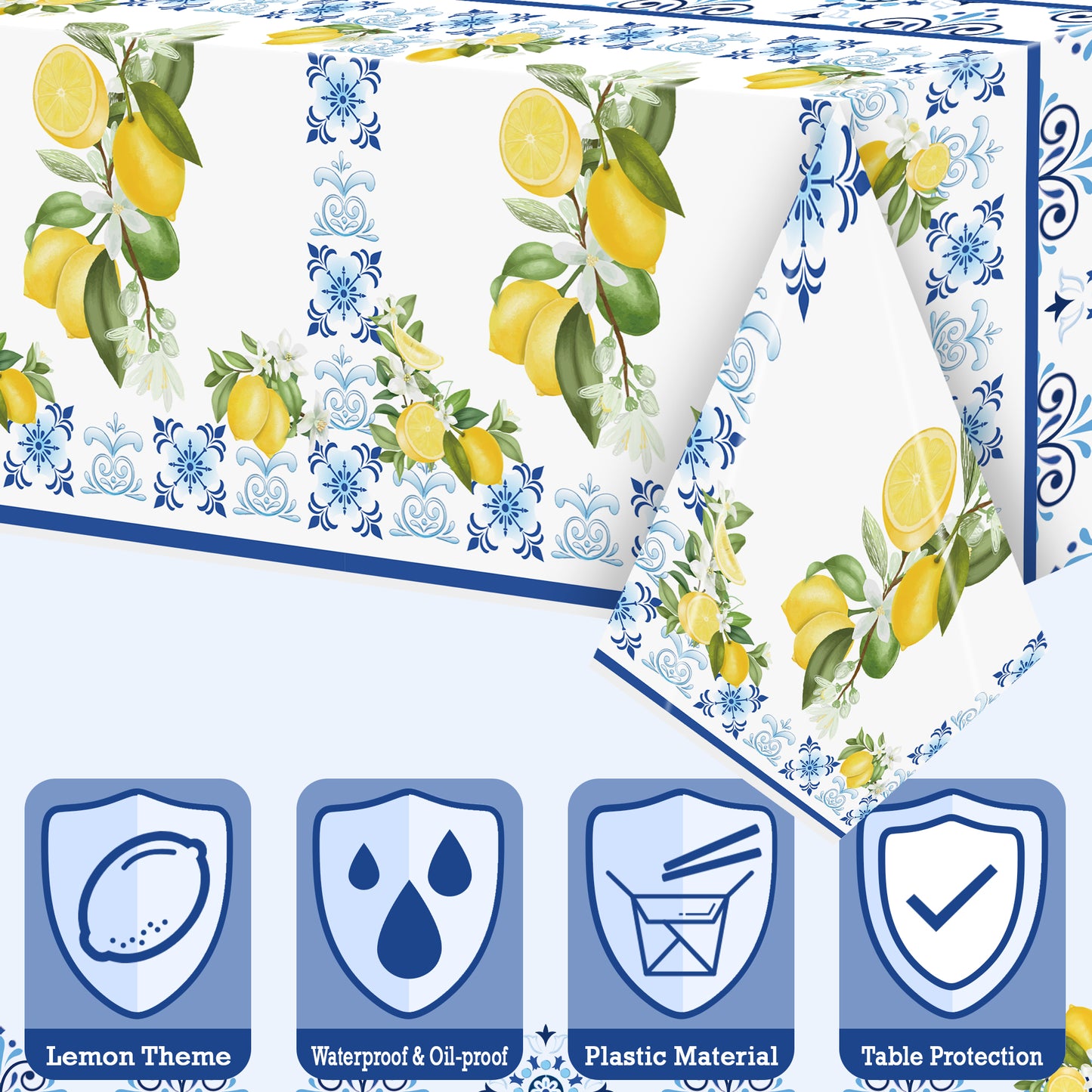 capri lemon party supplies set blue tiles floral yellow citrus fruit tableware dinner dessert dinnerware paper plates plastic fork knife spoon napkin cup tablecloth table decoration for spring summer baby shower wedding birthday party serves 24 guests