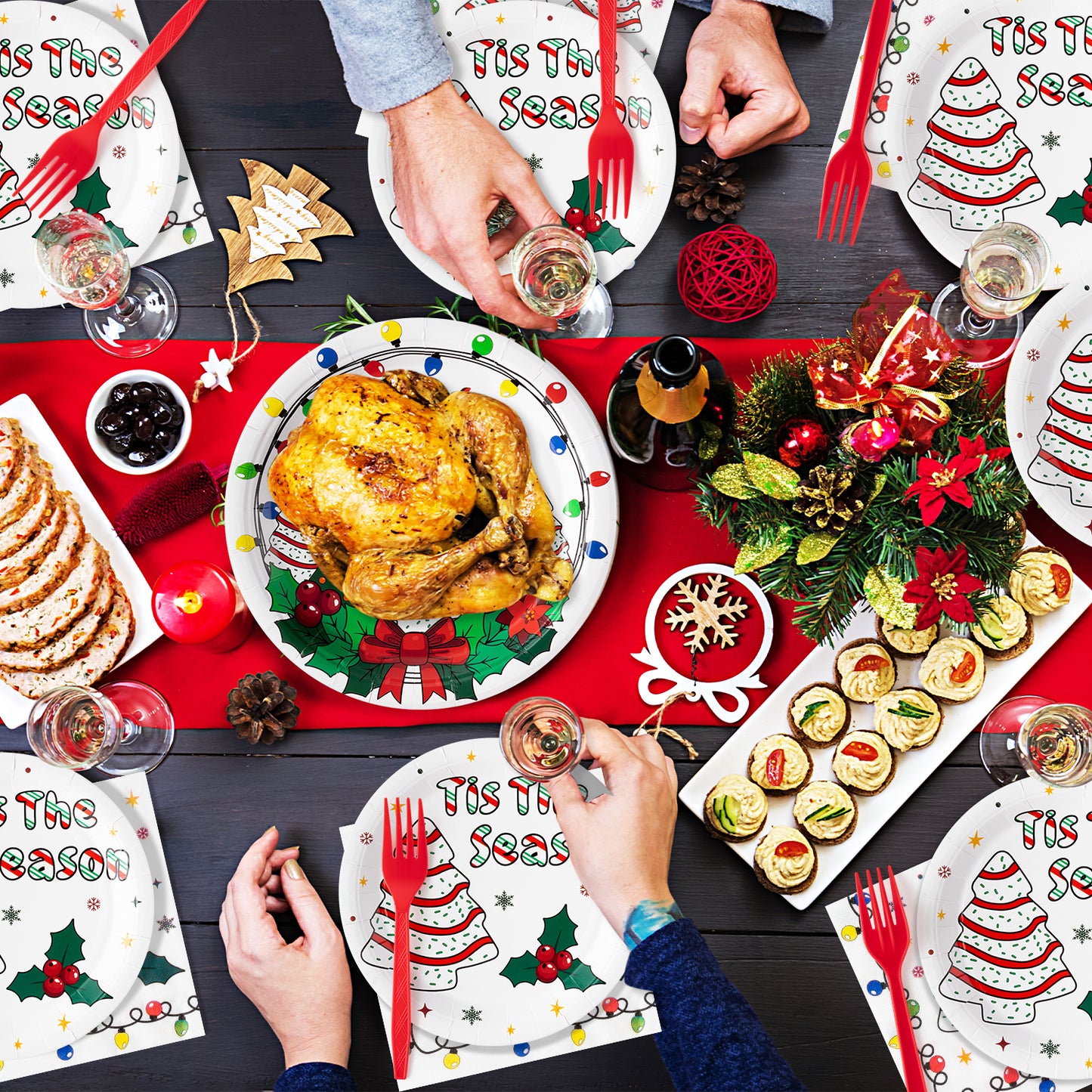 G1ngtar 96Pcs Christmas Tree Cake Party Plate Supplies - Snack Cake Xmas Tree Party Tableware Decoration Cute Tis The Season Disposable Paper Plate Napkin Fork for Winter Holiday Birthday, Serves 24
