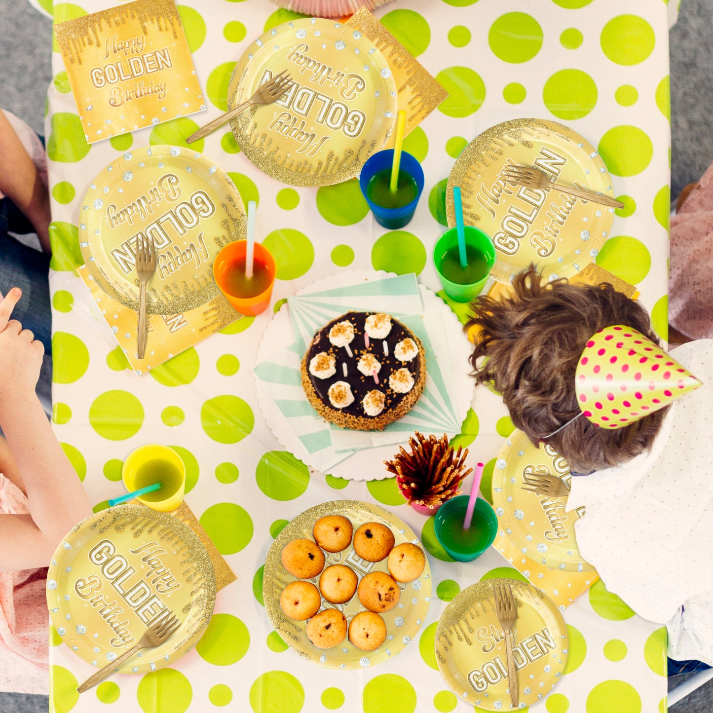 G1ngtar 96Pcs Happy Golden Birthday Party Plates Supplies - Gold Glitter Party Tableware Decorations Golden Diamond Disposable Paper Plates Napkins Forks for Women Men Birthday Anniversary, Serves 24