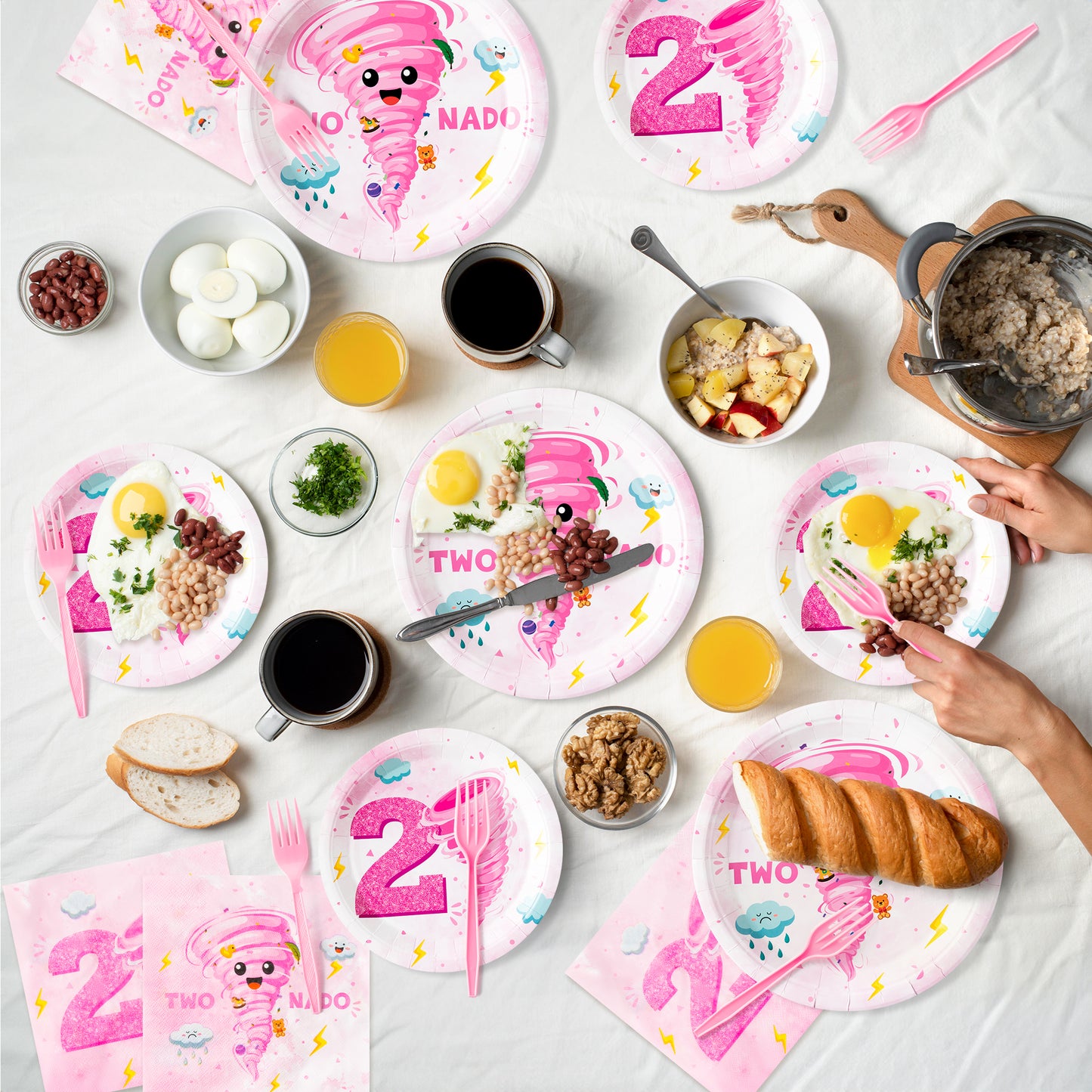 G1ngtar 96Pcs Two Nado Party Plates Supplies - Tornado 2nd Birthday Party Tableware Decorations Two Nado Disposable Paper Plates Napkin Fork for Girls 2 Year Old Birthday Party Baby Shower, Serves 24