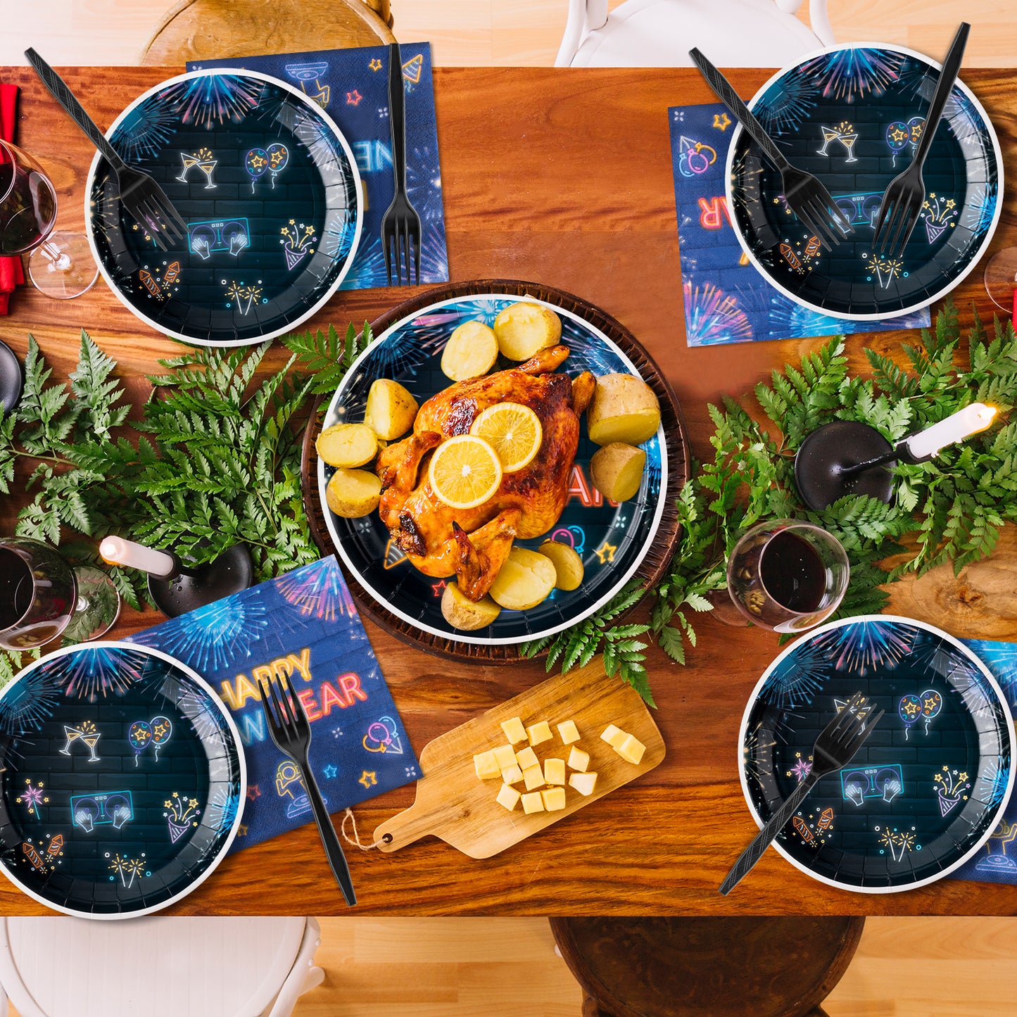 G1ngtar 96Pcs Neon New Year Eve Party Plates Supplies - 2025 Happy New Year Party Tableware Decorations Glow In The Dark Disposable Paper Plates Napkins Forks for Kids and Adults, Serves 24