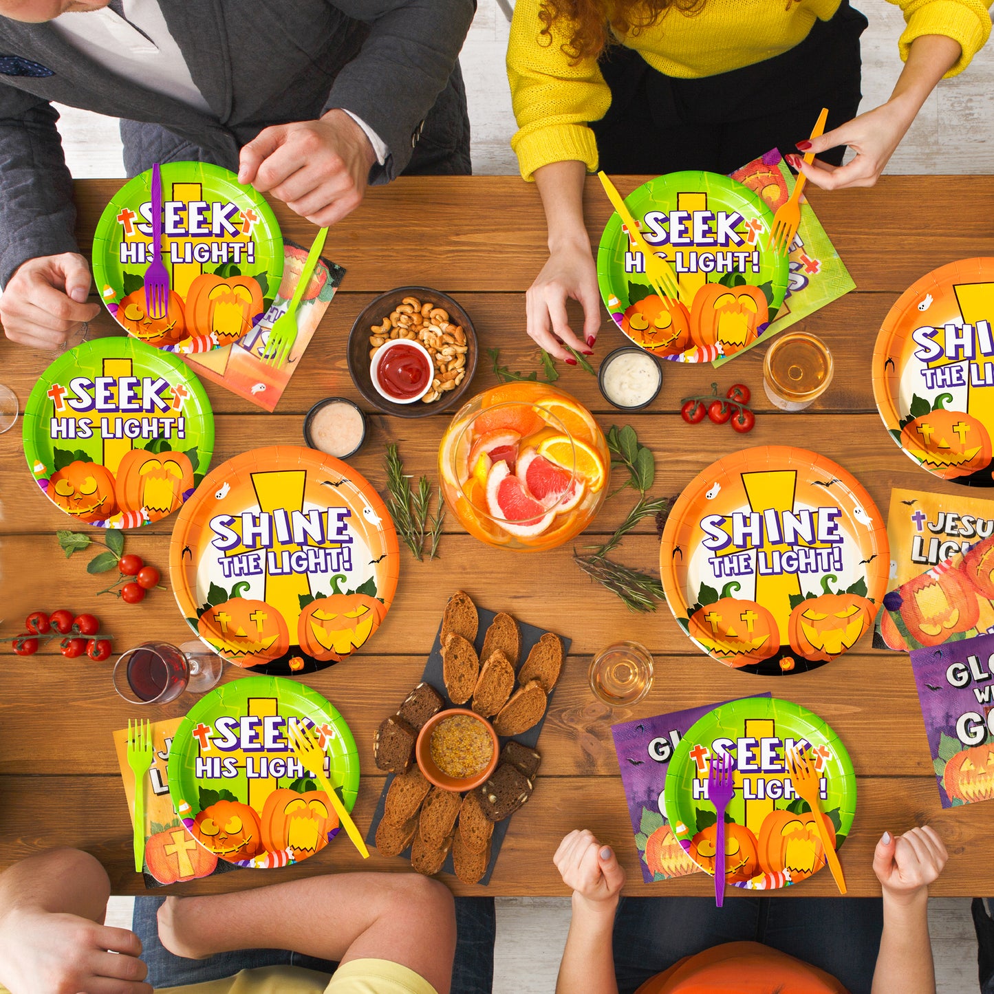 G1ngtar 96Pcs Halloween Christian Pumpkin Party Plates Supplies - Jesus Religious Party Tableware Decoration Ghost Disposable Paper Plates Napkin Fork for Kid Birthday Baby Shower, Serves 24 Guest