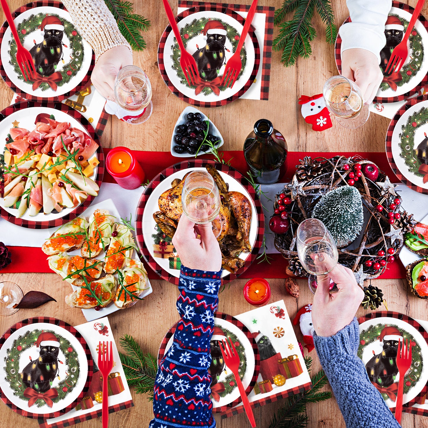G1ngtar 96Pcs Christmas Cat Party Plate Supplies - Xmas Tree Wreath Kitten Party Tableware Decoration Buffalo Plaid Disposable Paper Plate Napkin Fork for Kid Winter Holiday Birthday, Serves 24 Guests