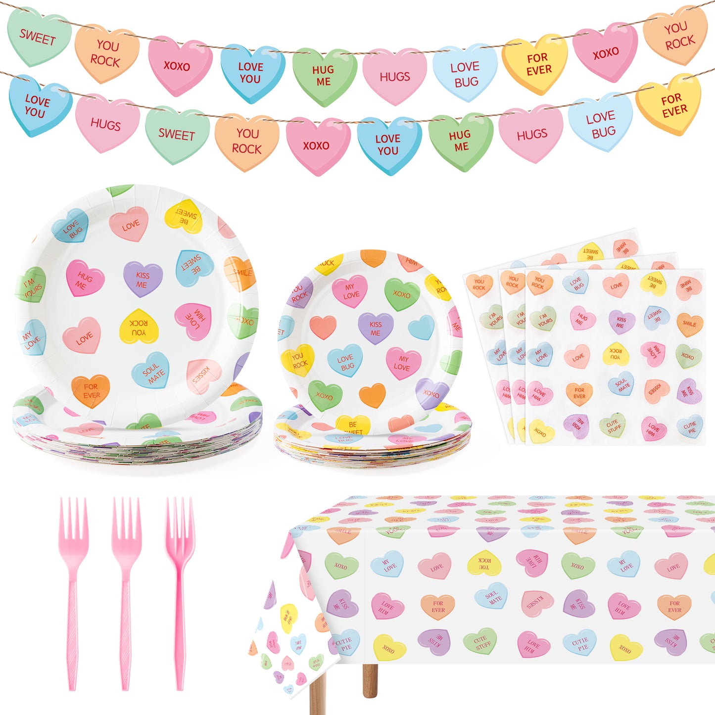 G1ngtar 99Pcs Conversation Heart Party Supplies - Valentine’s Day Party Tableware Decoration Colorful Heart Candy Disposable Paper Plate Tablecloth Banner Napkin Fork for Valentine Birthday, Serves 24
