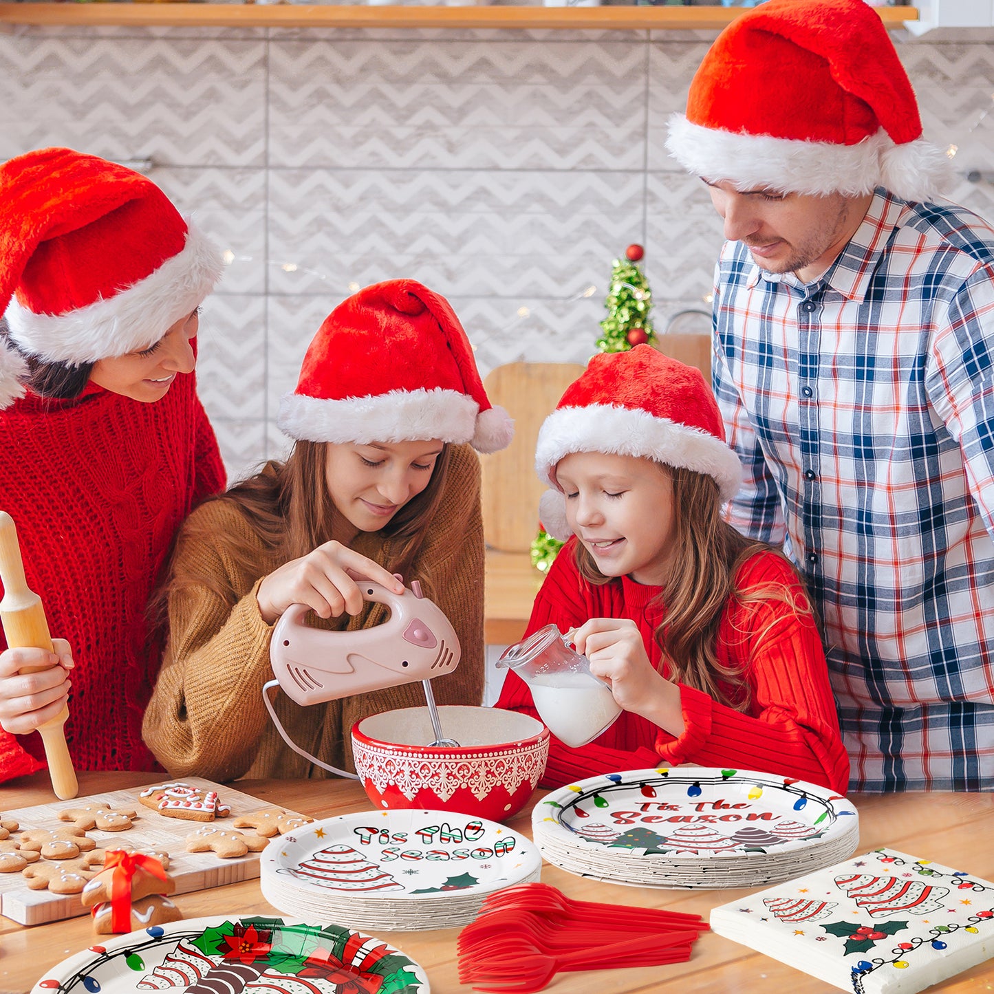 G1ngtar 96Pcs Christmas Tree Cake Party Plate Supplies - Snack Cake Xmas Tree Party Tableware Decoration Cute Tis The Season Disposable Paper Plate Napkin Fork for Winter Holiday Birthday, Serves 24