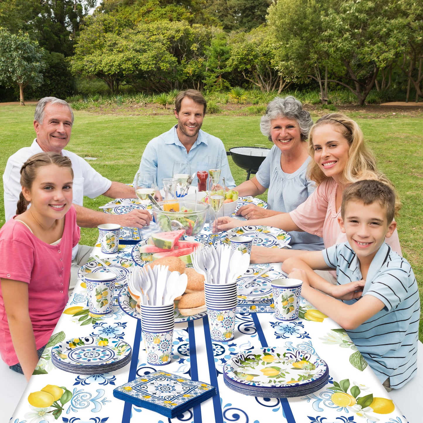 capri lemon party supplies set blue tiles floral yellow citrus fruit tableware dinner dessert dinnerware paper plates plastic fork knife spoon napkin cup tablecloth table decoration for spring summer baby shower wedding birthday party serves 24 guests