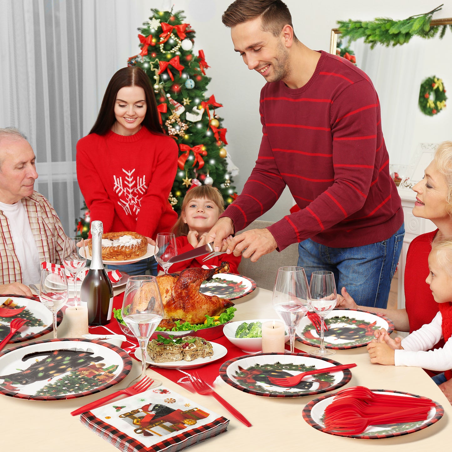 G1ngtar 96Pcs Christmas Cat Party Plate Supplies - Xmas Tree Wreath Kitten Party Tableware Decoration Buffalo Plaid Disposable Paper Plate Napkin Fork for Kid Winter Holiday Birthday, Serves 24 Guests