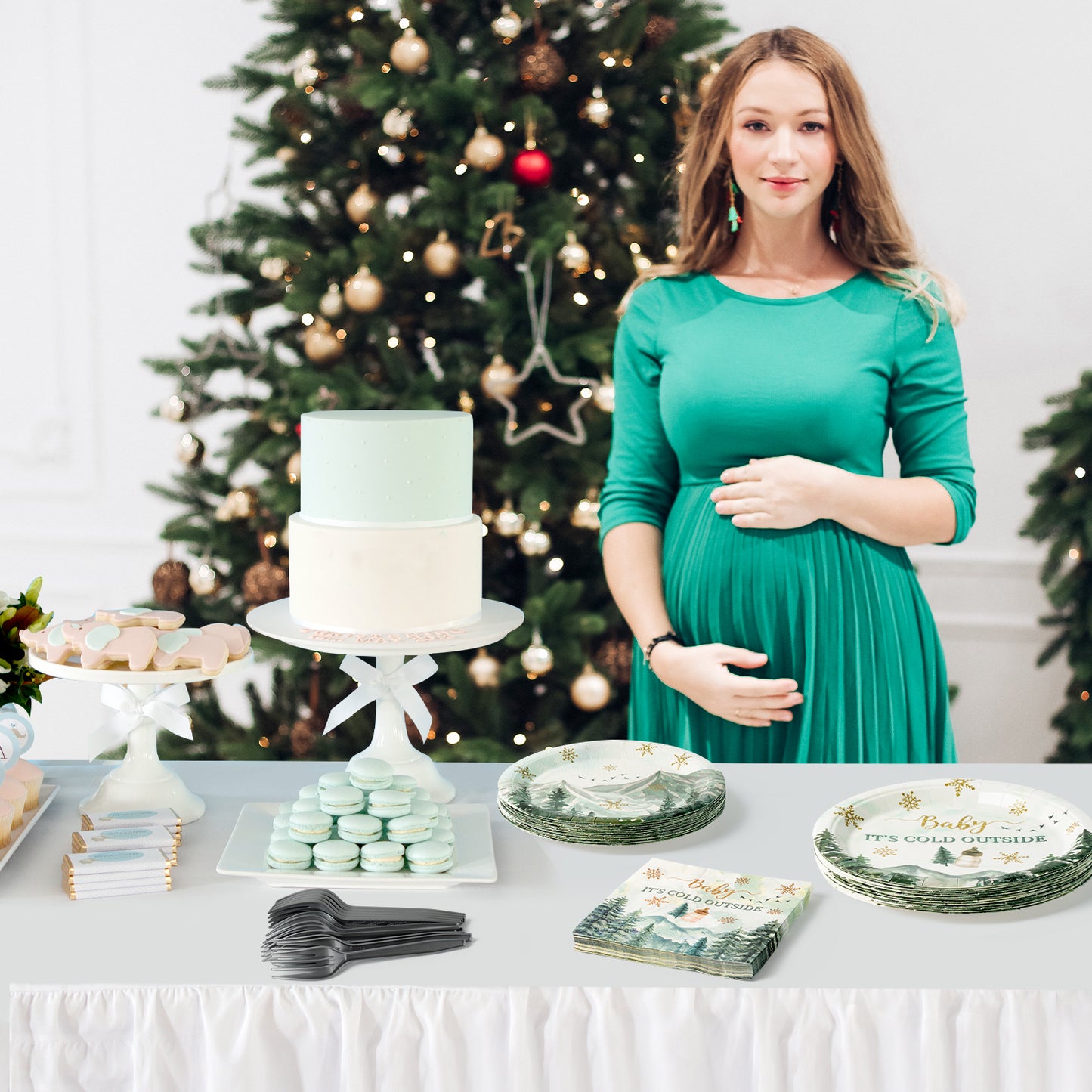 G1ngtar 96Pcs Baby It's Cold Outside Party Plates Supplies - Winter Wonderland Tableware Decorations Snowflakes Disposable Paper Plates Napkins Forks for Christmas Birthday Baby Shower, Serves 24