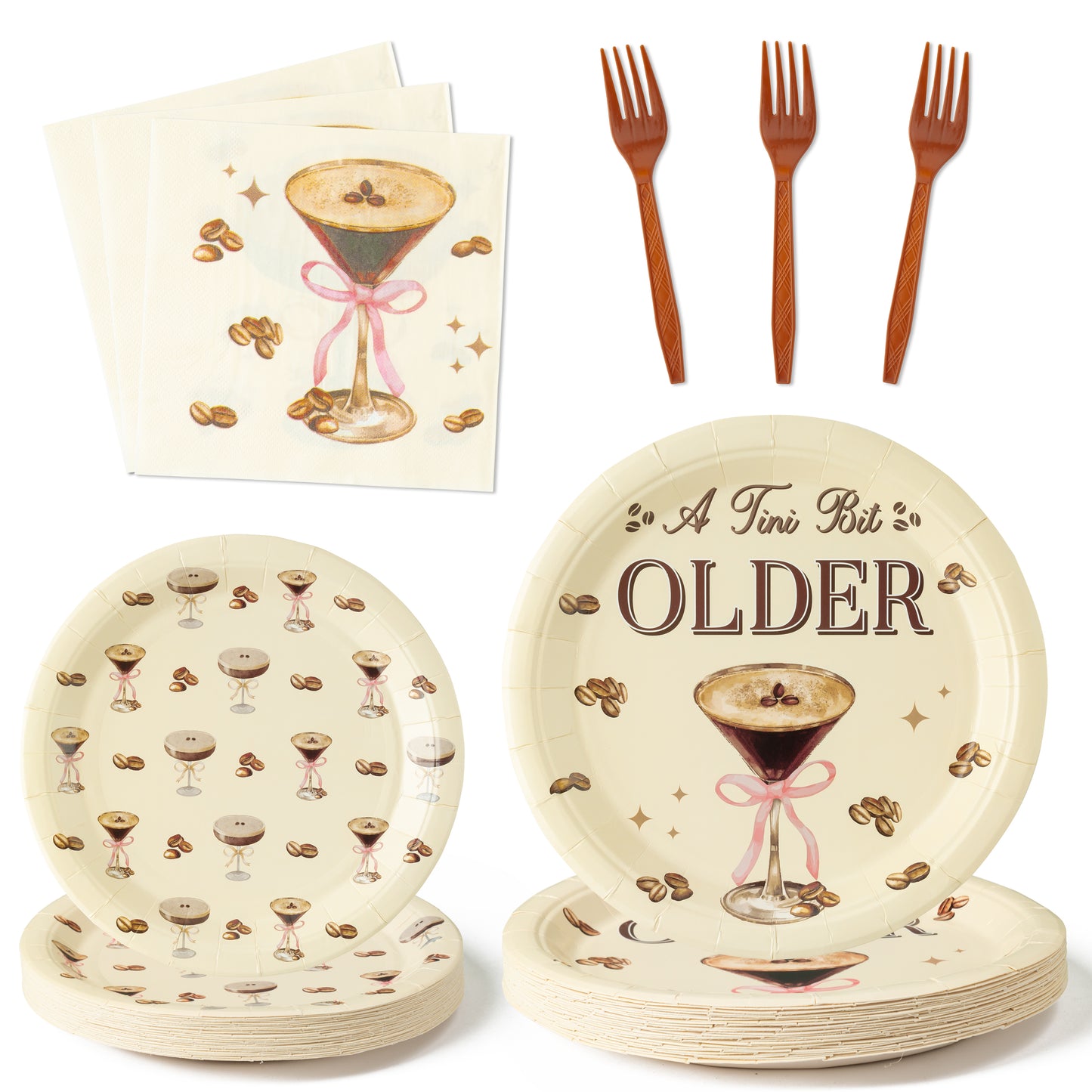 G1ngtar 96Pcs Martini Bow Party Plates Supplies - A Tini Bit Older Party Tableware Espresso Martini Cocktail Coffee Decorations Disposable Paper Plates Napkin Fork for Bar Party Birthday, Serves 24