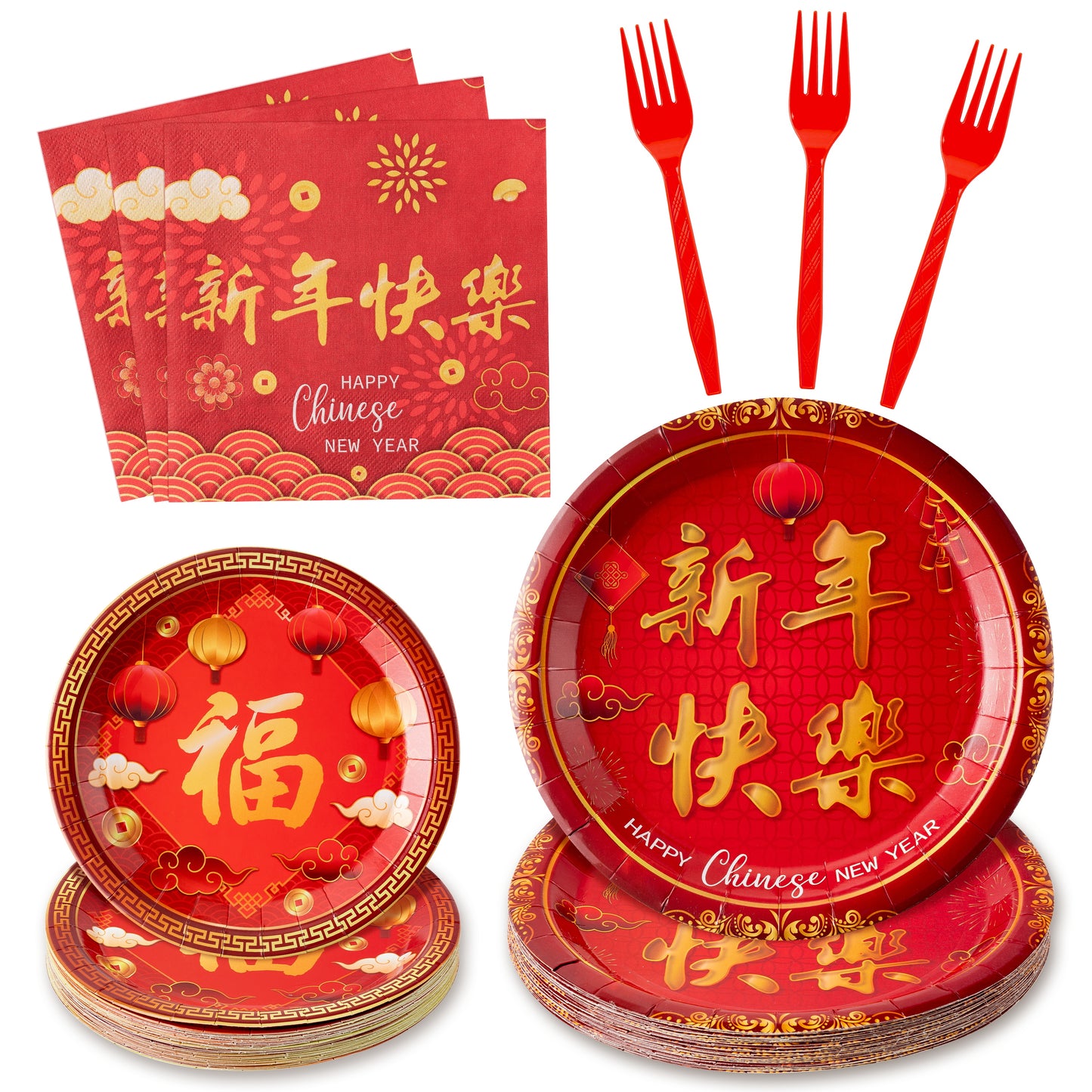 G1ngtar 96Pcs Chinese New Year Party Plates Supplies - Happy 2025 Snake Year Party Tableware Decorations Disposable Paper Plates Napkins Forks for Spring Festival Chinese New Year Eve, Serves 24