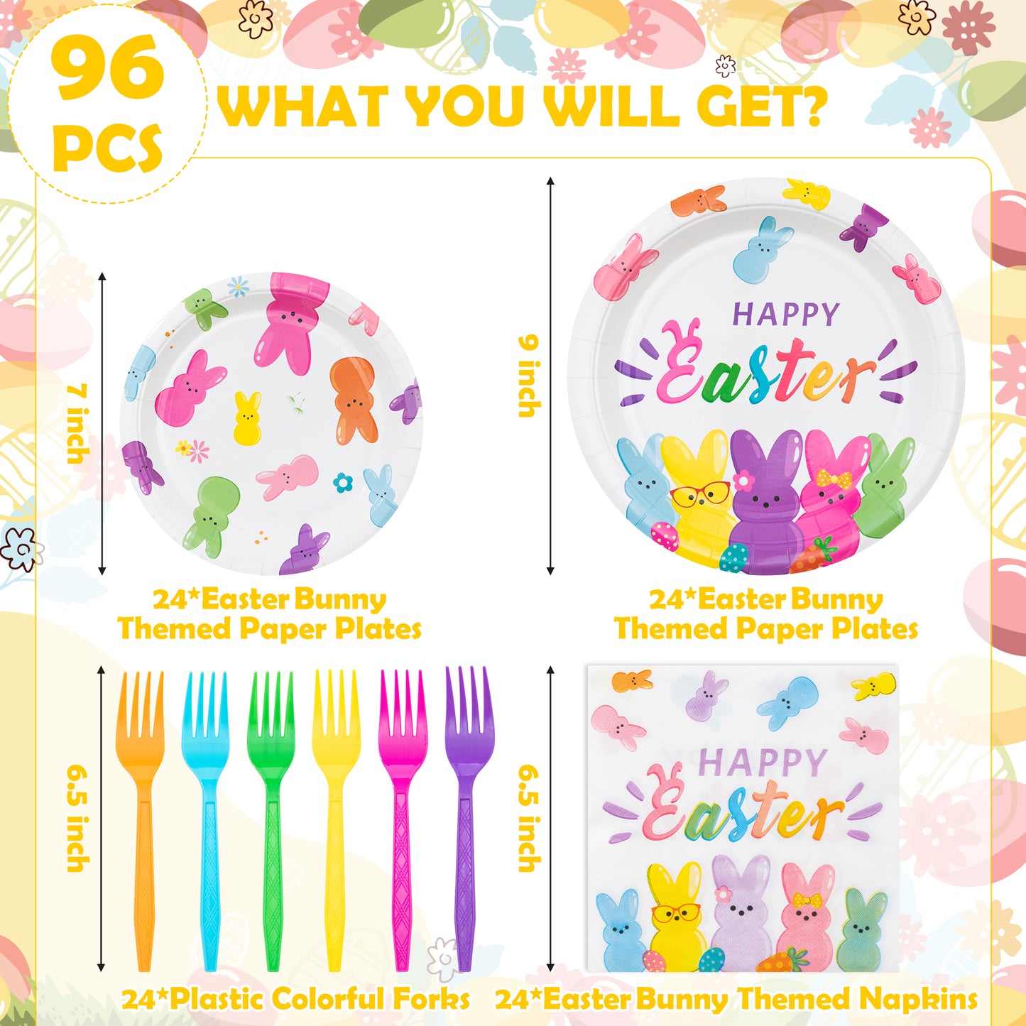 G1ngtar 96Pcs Easter Bunny Peeps Party Plates Supplies - Happy Easter Rabbits Party Tableware Decorations Disposable Paper Plates Napkins Forks for Kids Easter Spring Birthday Baby Shower, Serves 24