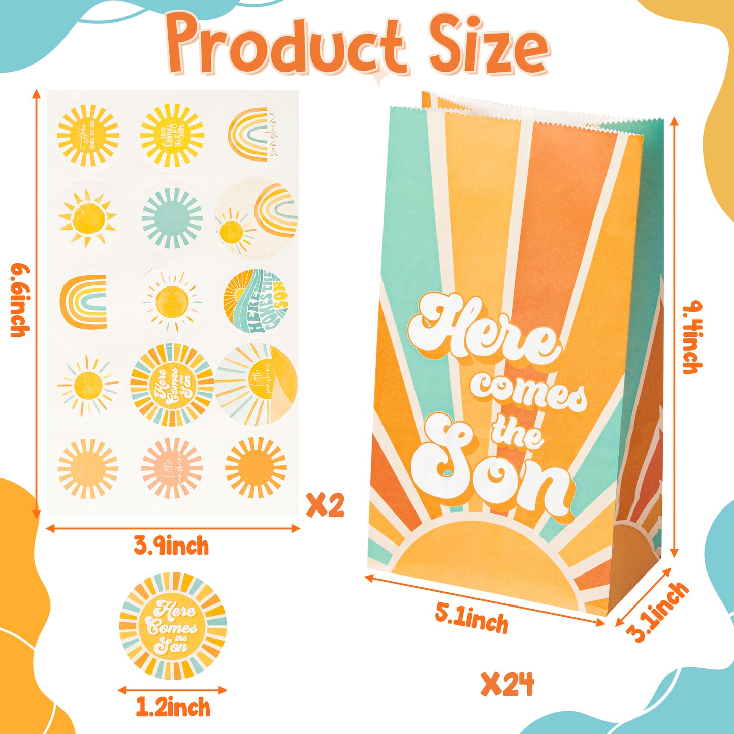 G1ngtar 24Pcs Here Comes the Son Party Favor Bags with Stickers, Retro Hippie Bohemian Muted Sunrise Goodies Bags First Trip Around the Sun You Are My Sunshine Birthday Party Decoration Supplies