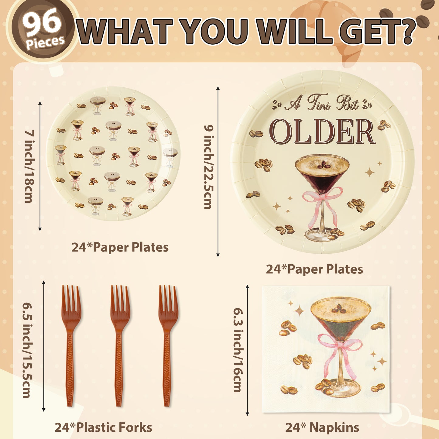 G1ngtar 96Pcs Martini Bow Party Plates Supplies - A Tini Bit Older Party Tableware Espresso Martini Cocktail Coffee Decorations Disposable Paper Plates Napkin Fork for Bar Party Birthday, Serves 24