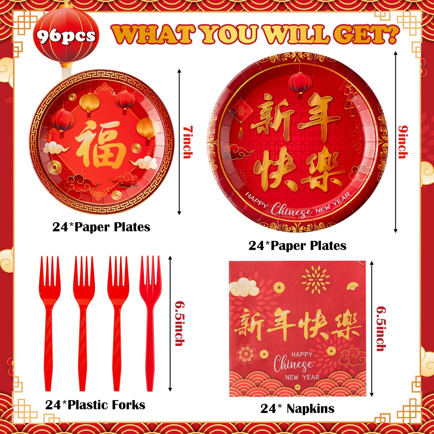 G1ngtar 96Pcs Chinese New Year Party Plates Supplies - Happy 2025 Snake Year Party Tableware Decorations Disposable Paper Plates Napkins Forks for Spring Festival Chinese New Year Eve, Serves 24