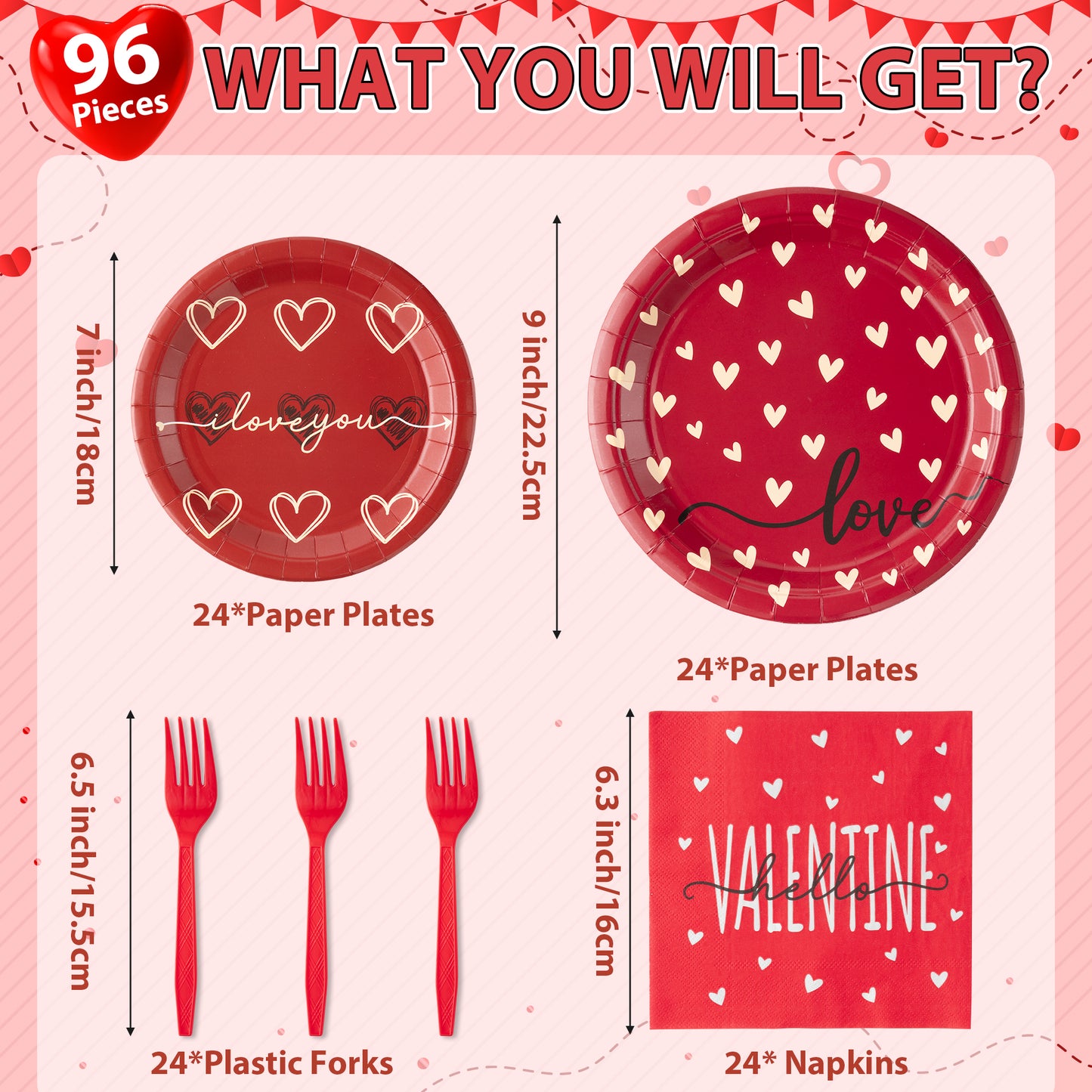G1ngtar 96Pcs Valentine’s Day Heart Party Plates Supplies - Love Heart Party Tableware Decoration Red Heart Disposable Paper Plates Napkins Forks for Valentines Day Birthday Wedding, Serves 24