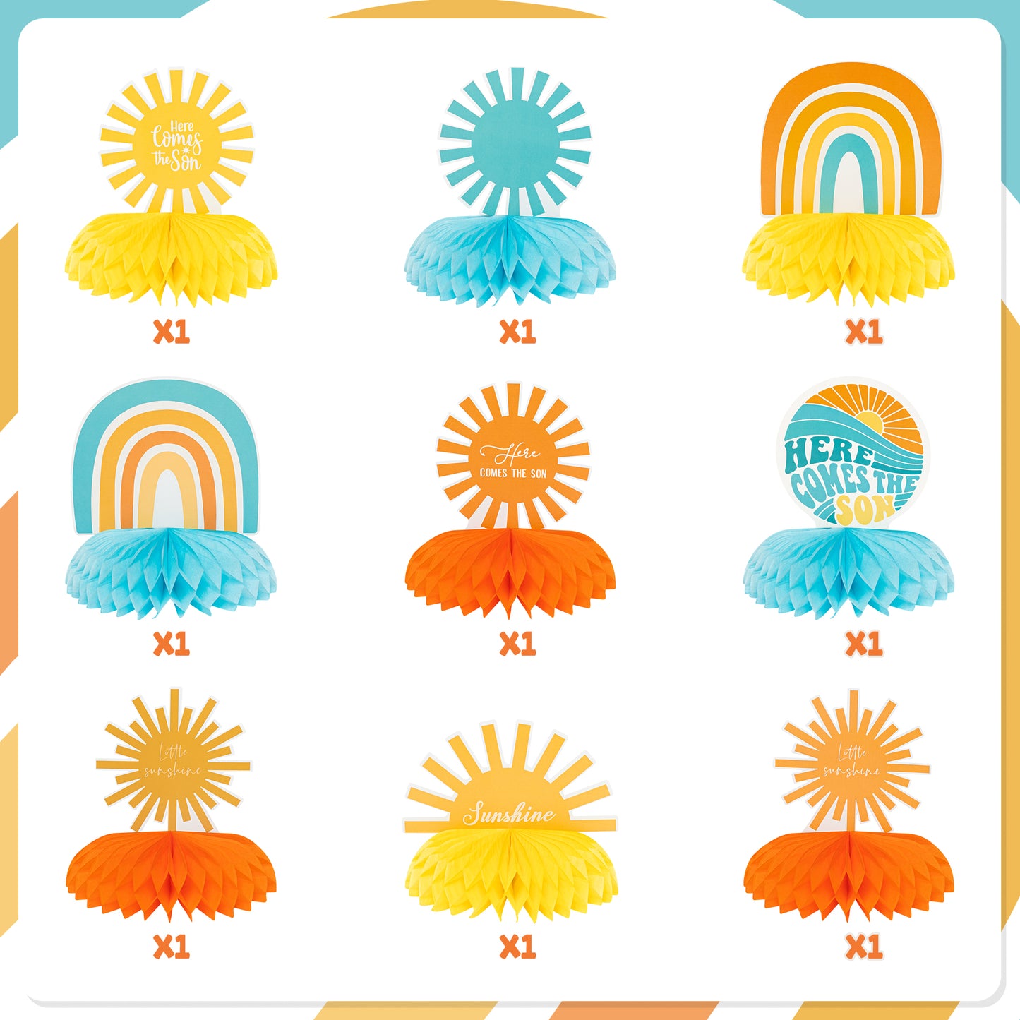 G1ngtar 9Pcs Here Comes the Son Honeycomb Centerpieces Table Topper Retro Hippie Bohemian Rainbow Muted Sun Table Decor First Trip Around the Sun Birthday Party Baby Shower Decoration for Baby Boys