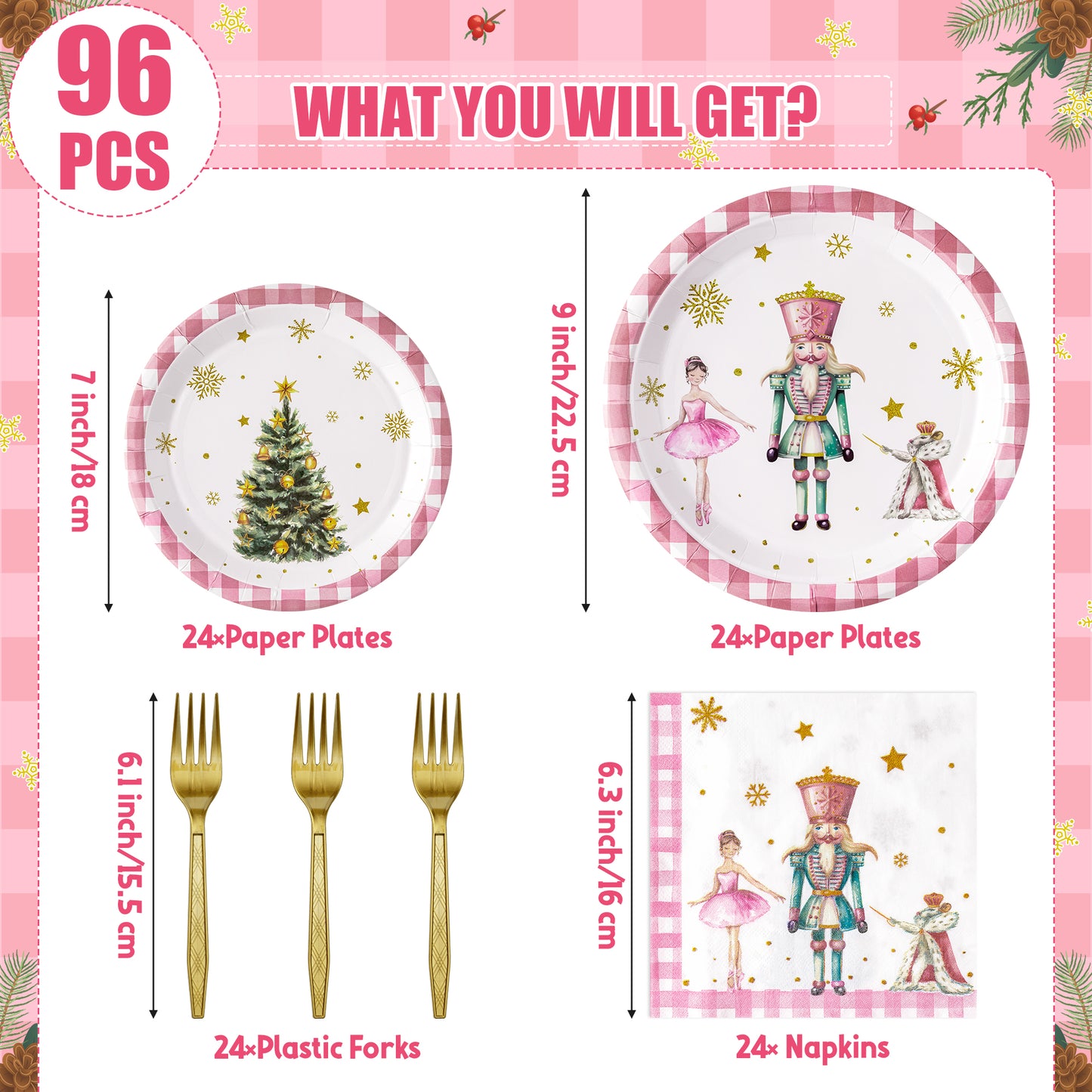 G1ngtar 96Pcs Christmas Nutcracker Party Plate Supplies - Xmas Tree Ballet King Soldier Party Tableware Decoration Disposable Paper Plate Napkin Fork for Kid Winter Holiday Birthday, Serves 24 Guests