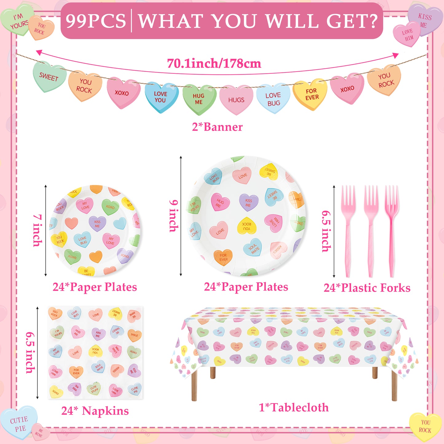 G1ngtar 99Pcs Conversation Heart Party Supplies - Valentine’s Day Party Tableware Decoration Colorful Heart Candy Disposable Paper Plate Tablecloth Banner Napkin Fork for Valentine Birthday, Serves 24