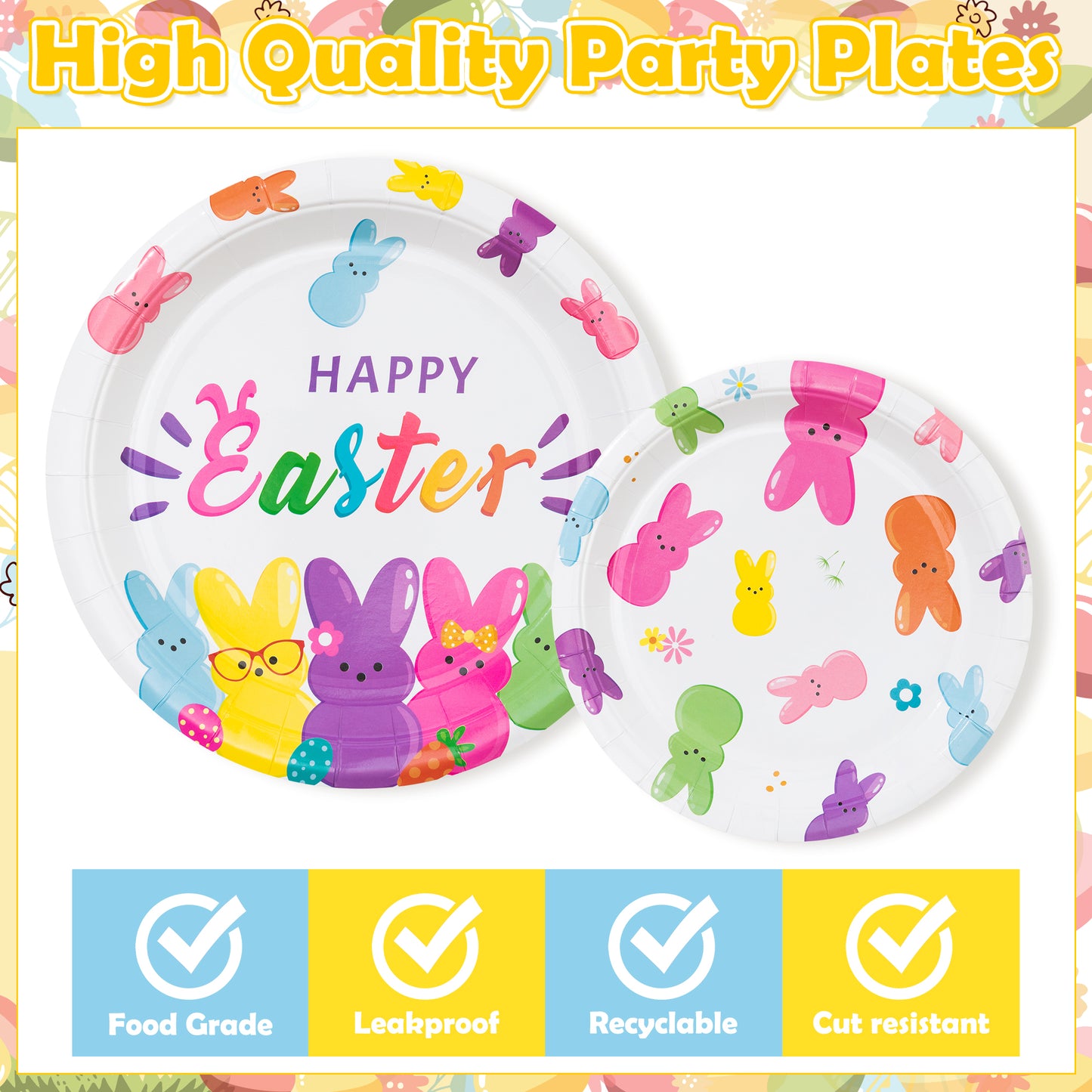G1ngtar 96Pcs Easter Bunny Peeps Party Plates Supplies - Happy Easter Rabbits Party Tableware Decorations Disposable Paper Plates Napkins Forks for Kids Easter Spring Birthday Baby Shower, Serves 24