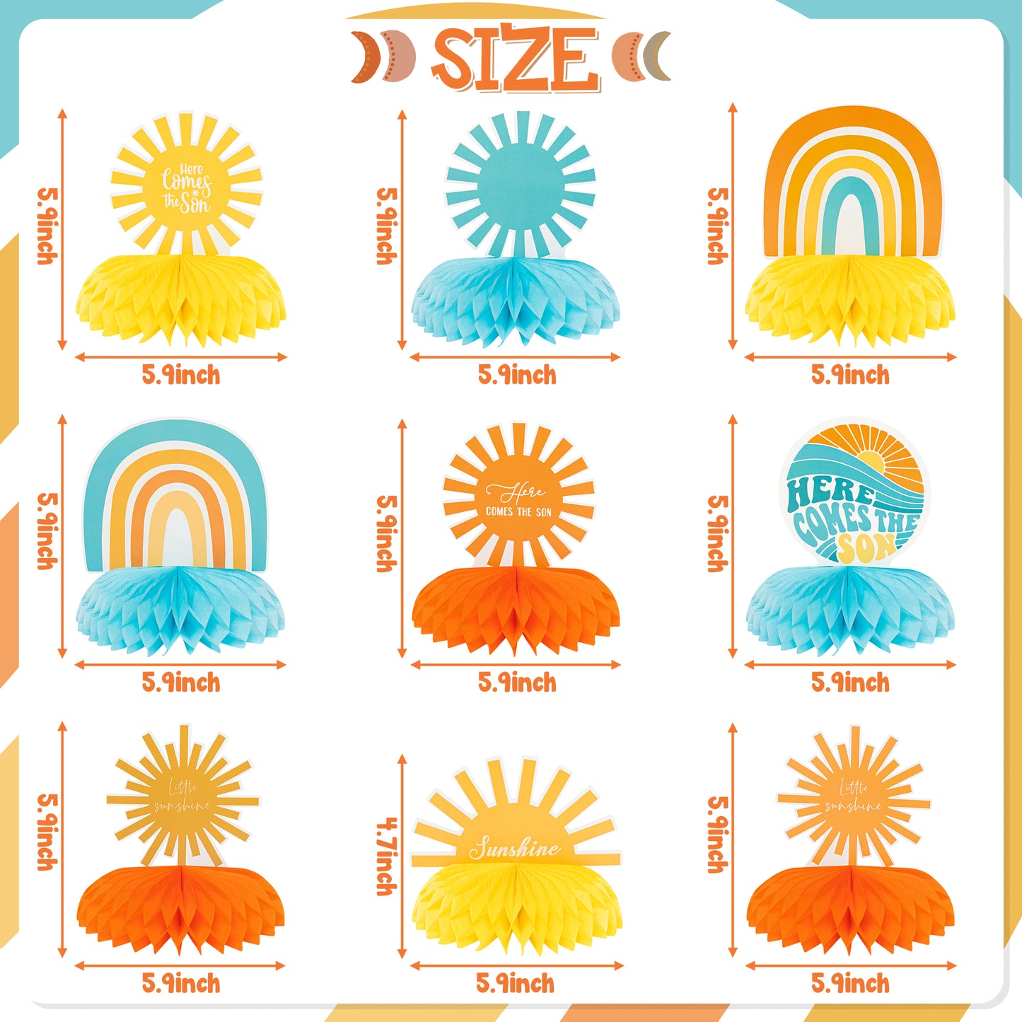 G1ngtar 9Pcs Here Comes the Son Honeycomb Centerpieces Table Topper Retro Hippie Bohemian Rainbow Muted Sun Table Decor First Trip Around the Sun Birthday Party Baby Shower Decoration for Baby Boys