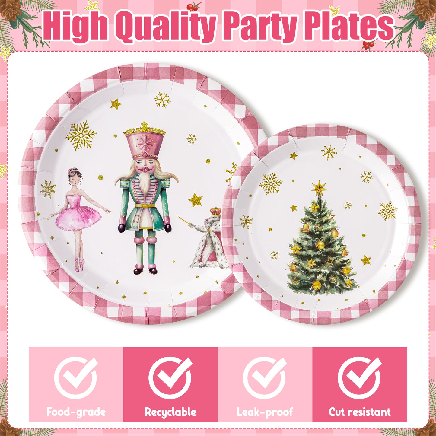 G1ngtar 96Pcs Christmas Nutcracker Party Plate Supplies - Xmas Tree Ballet King Soldier Party Tableware Decoration Disposable Paper Plate Napkin Fork for Kid Winter Holiday Birthday, Serves 24 Guests