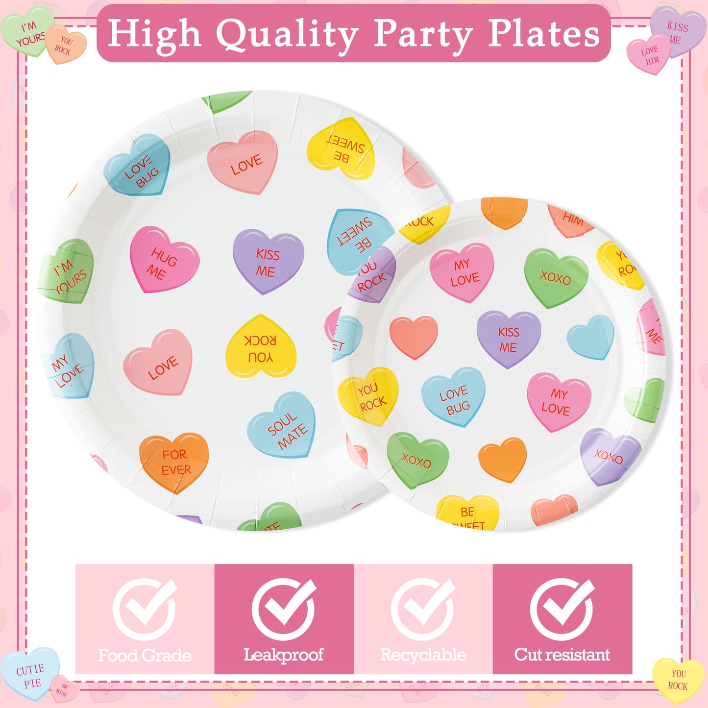G1ngtar 99Pcs Conversation Heart Party Supplies - Valentine’s Day Party Tableware Decoration Colorful Heart Candy Disposable Paper Plate Tablecloth Banner Napkin Fork for Valentine Birthday, Serves 24