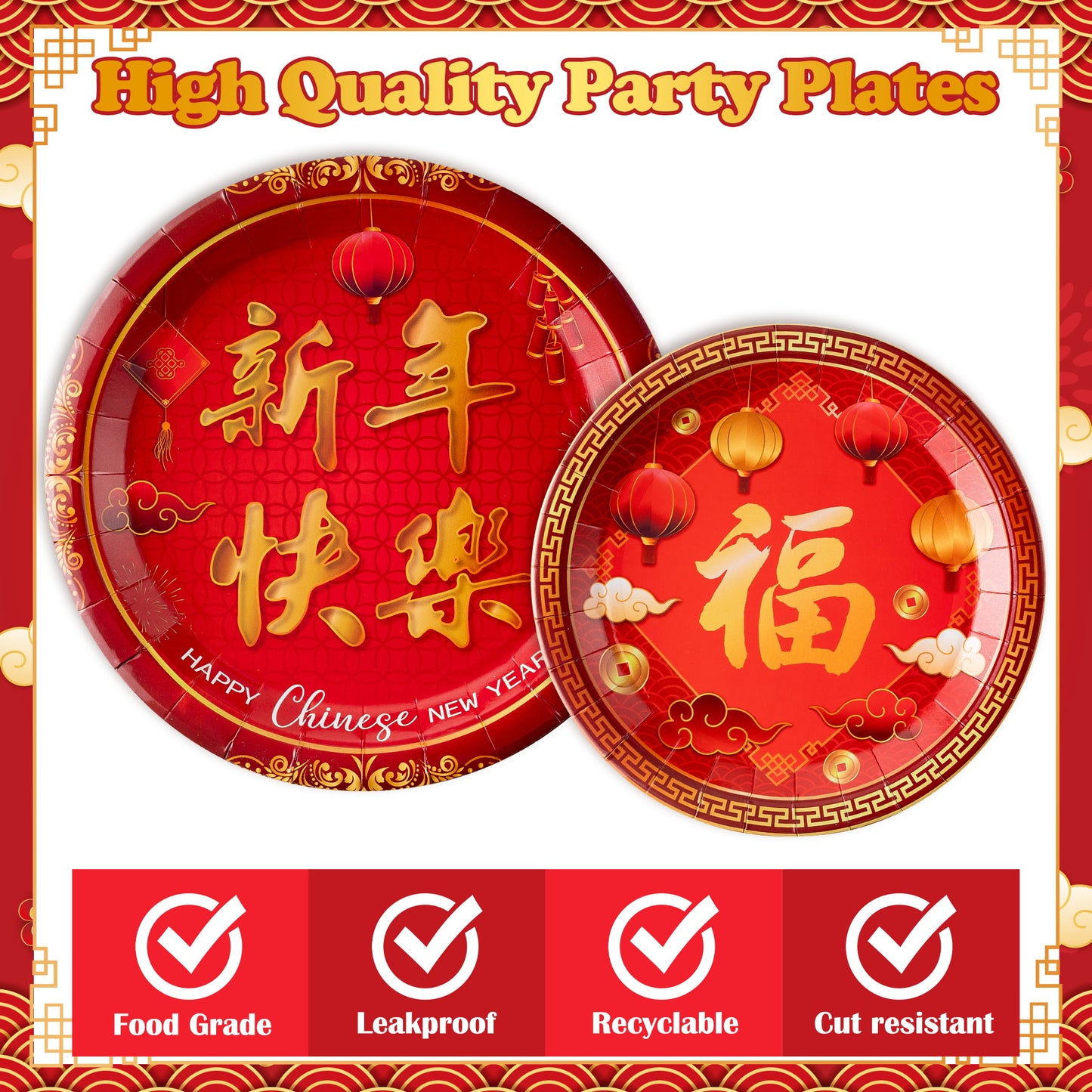G1ngtar 96Pcs Chinese New Year Party Plates Supplies - Happy 2025 Snake Year Party Tableware Decorations Disposable Paper Plates Napkins Forks for Spring Festival Chinese New Year Eve, Serves 24