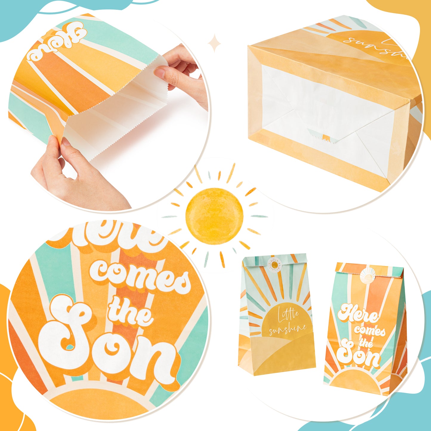 G1ngtar 24Pcs Here Comes the Son Party Favor Bags with Stickers, Retro Hippie Bohemian Muted Sunrise Goodies Bags First Trip Around the Sun You Are My Sunshine Birthday Party Decoration Supplies