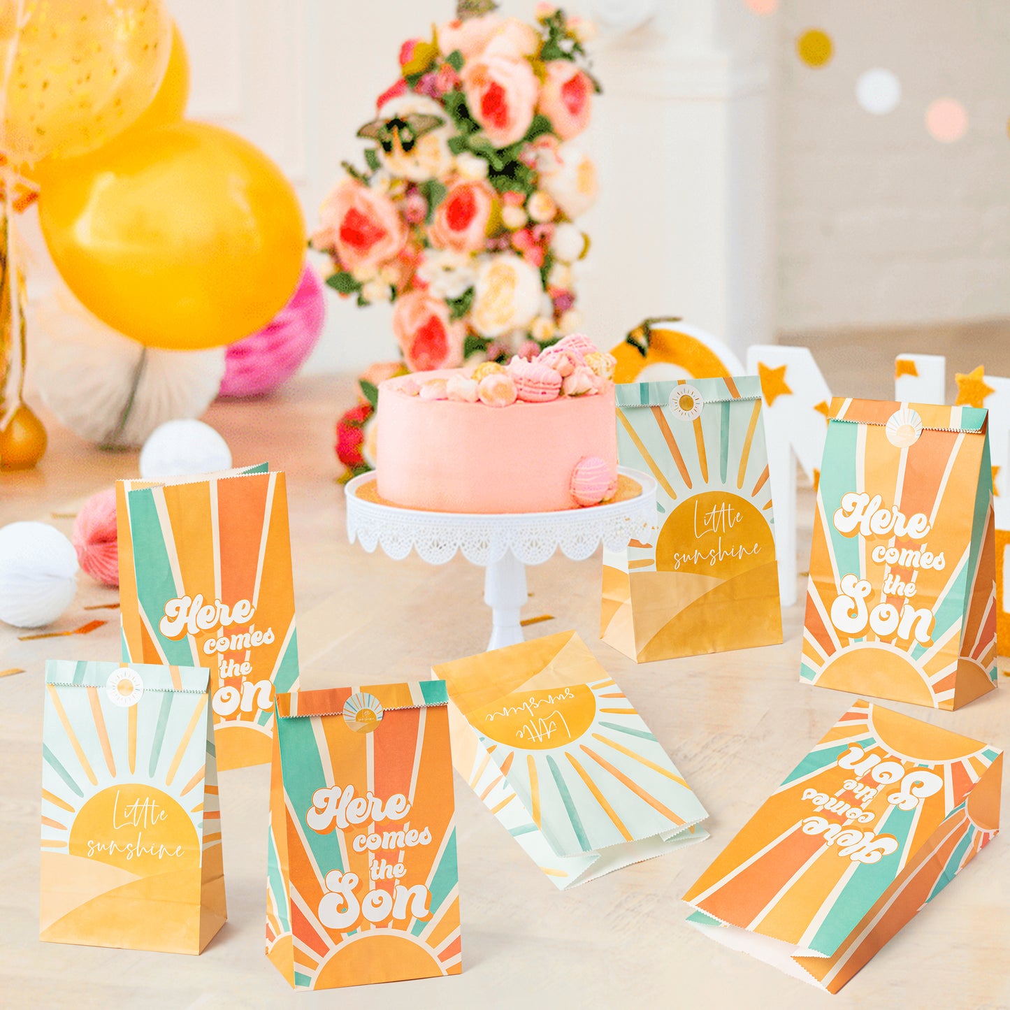 G1ngtar 24Pcs Here Comes the Son Party Favor Bags with Stickers, Retro Hippie Bohemian Muted Sunrise Goodies Bags First Trip Around the Sun You Are My Sunshine Birthday Party Decoration Supplies