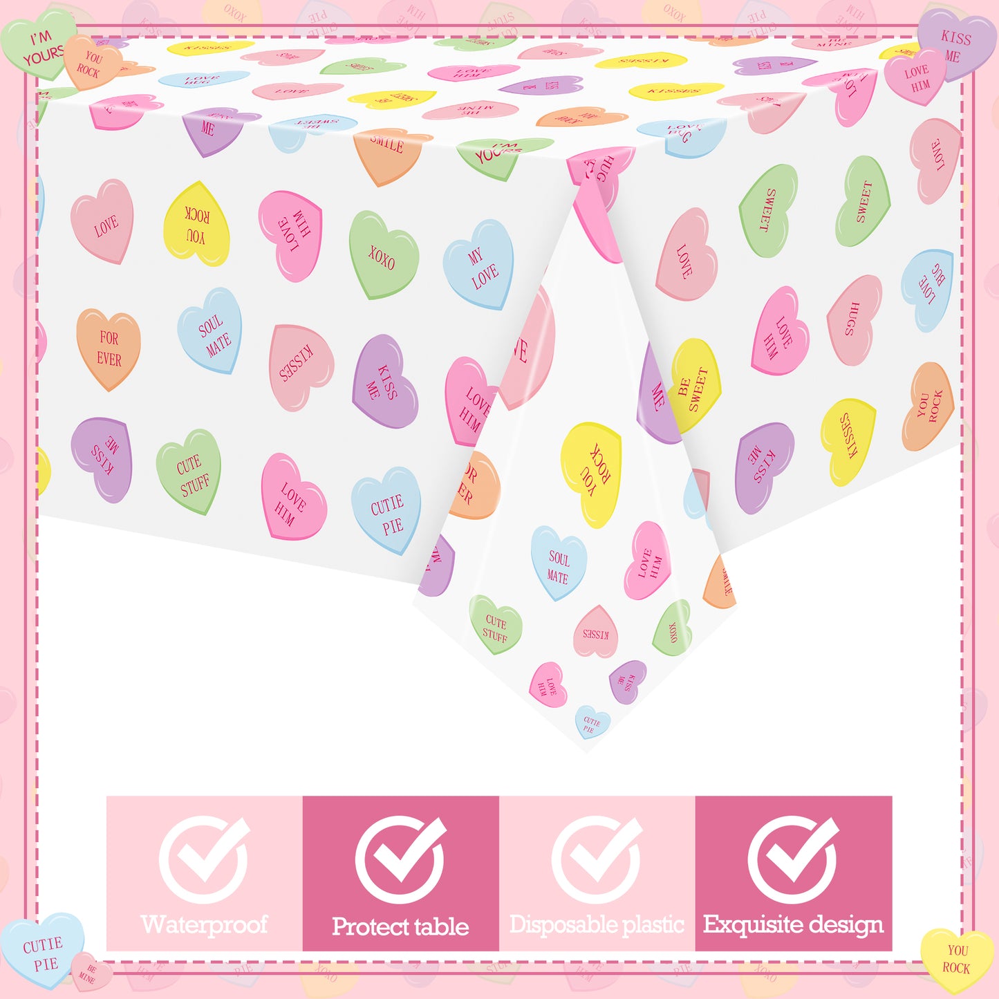 G1ngtar 99Pcs Conversation Heart Party Supplies - Valentine’s Day Party Tableware Decoration Colorful Heart Candy Disposable Paper Plate Tablecloth Banner Napkin Fork for Valentine Birthday, Serves 24