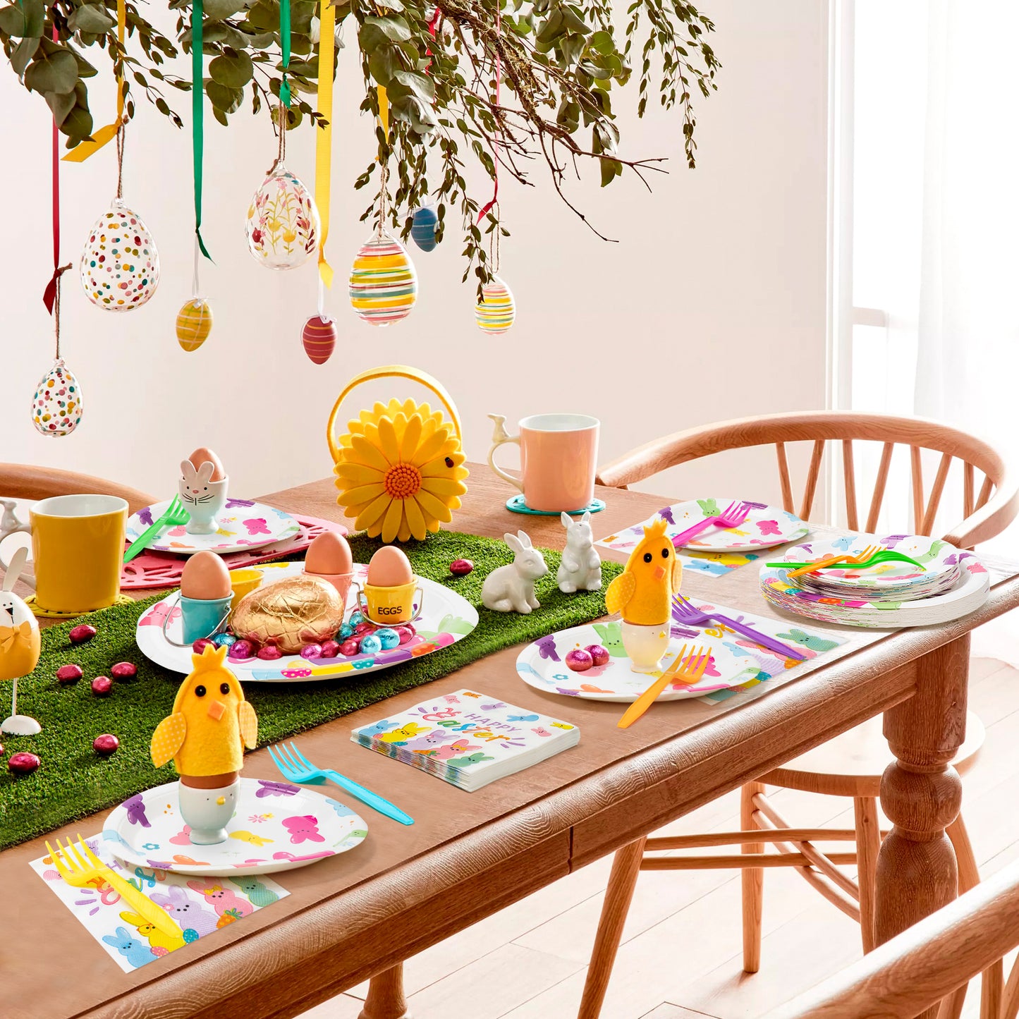 G1ngtar 96Pcs Easter Bunny Peeps Party Plates Supplies - Happy Easter Rabbits Party Tableware Decorations Disposable Paper Plates Napkins Forks for Kids Easter Spring Birthday Baby Shower, Serves 24